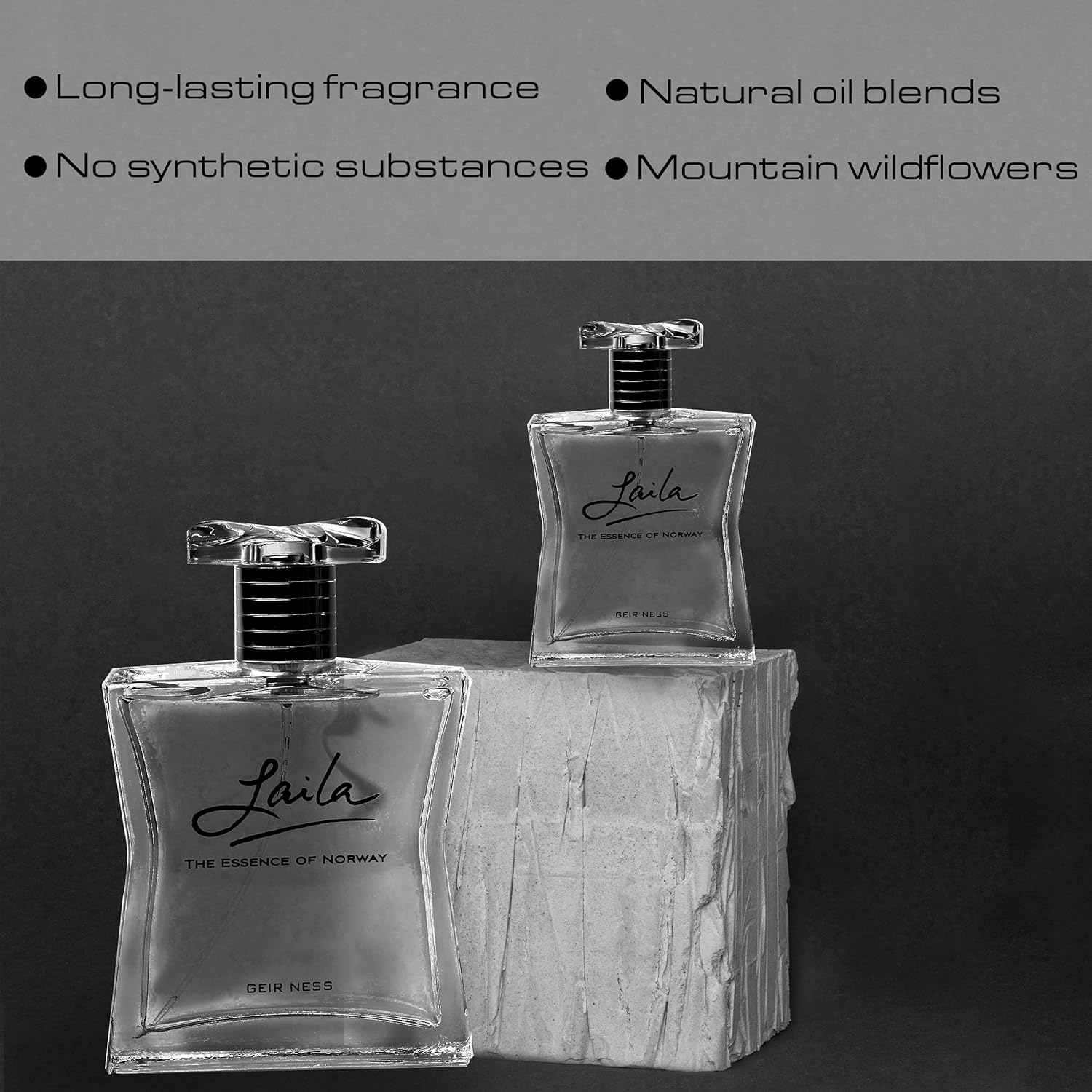 Geir Ness Laila Eau de Parfum spray for women, 3.4 oz, featuring a fresh, airy, and clean fragrance in a sleek glass bottle.