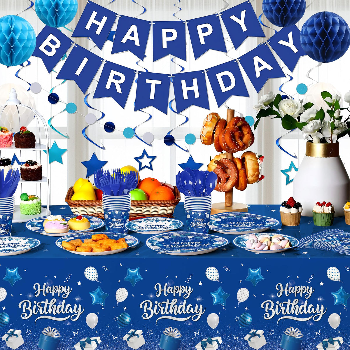 185pcs Happy Birthday Decorations Blue and Silver Plates - JVORFDG Official Imagery - 5