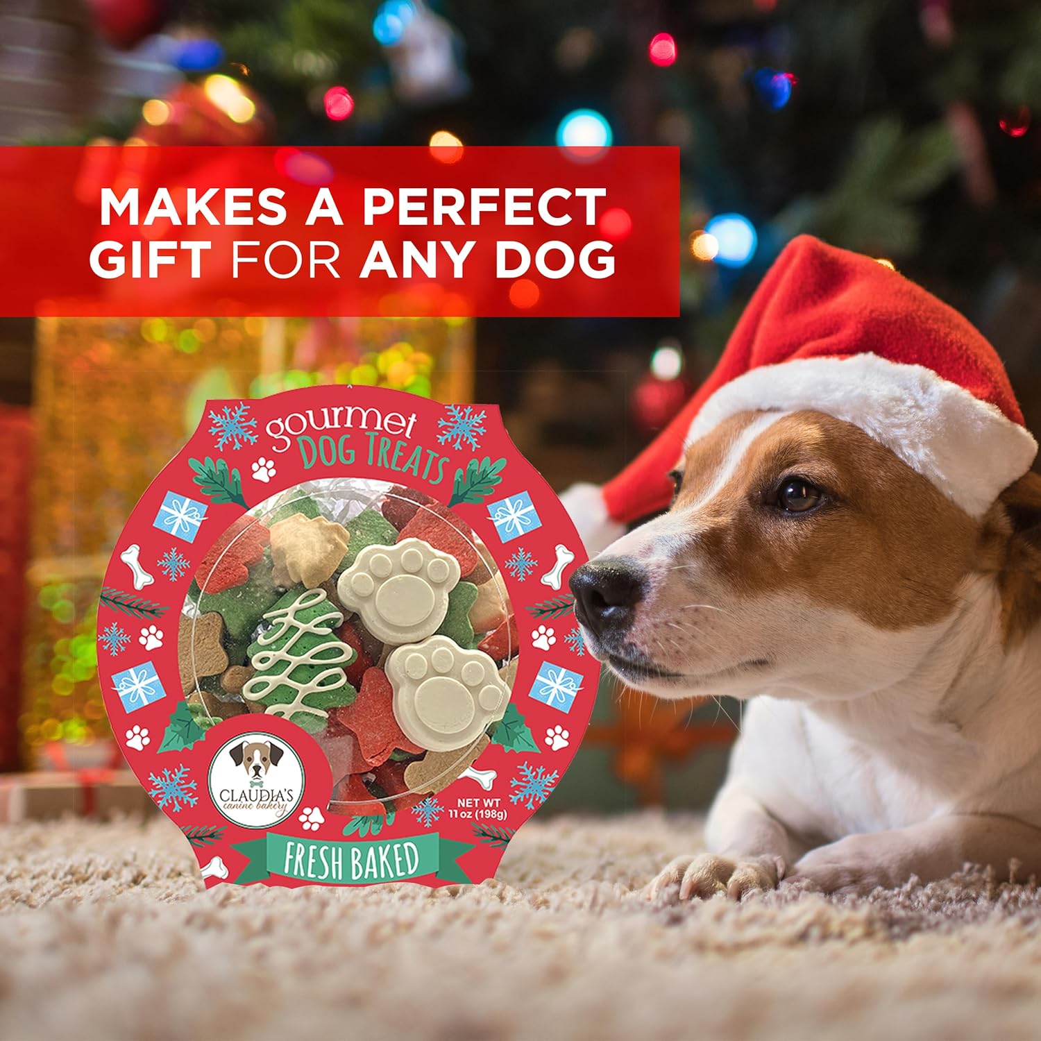 Santa Paws Classic Gourmet Dog Cookies by Claudia's Canine Bakery, vanilla-flavored Christmas treats for all dog breeds and sizes.