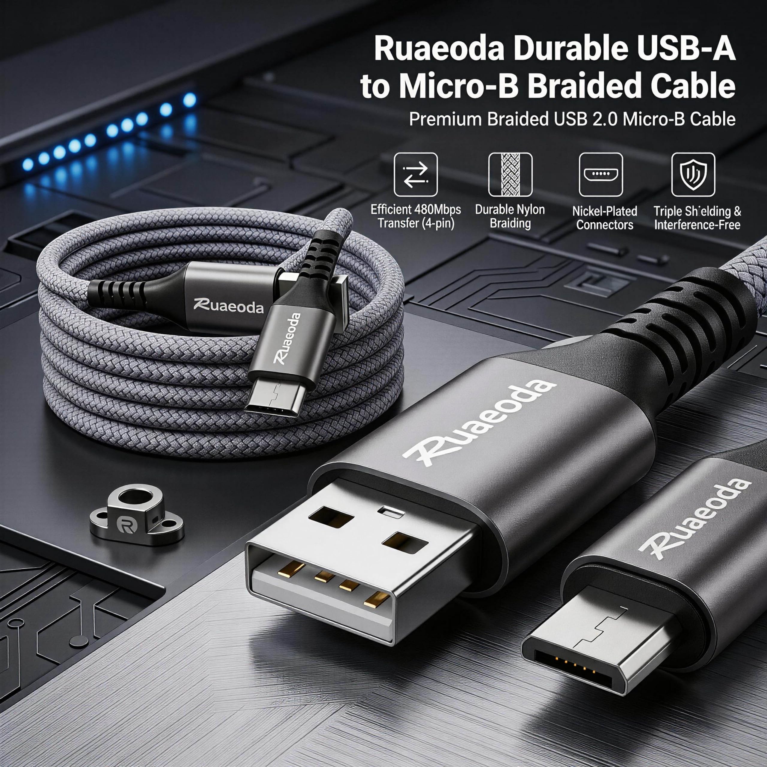 Ruaeoda 6ft Micro USB Cable 2-Pack – Heavy Duty Braided