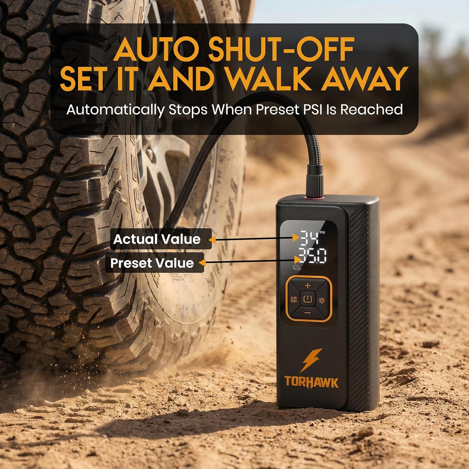 TORHAWK dual cylinder portable air compressor with digital display, cordless design, and 160 PSI tire inflator for automotive use
