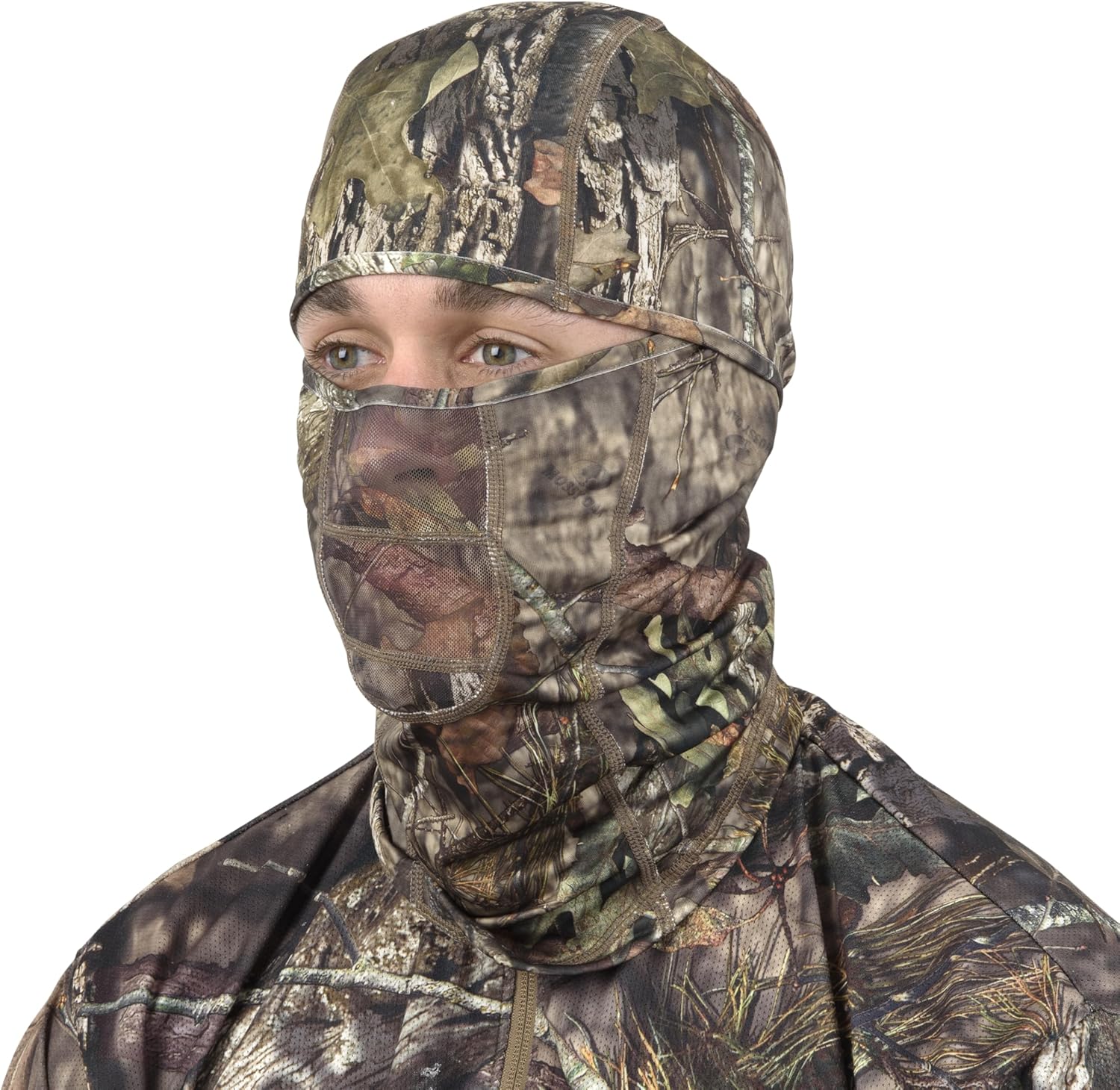 Allen Company Vanish Stretch Fit Camouflage Balaclava showing a camouflage face cover with a snug fit for hunting and outdoor activities
