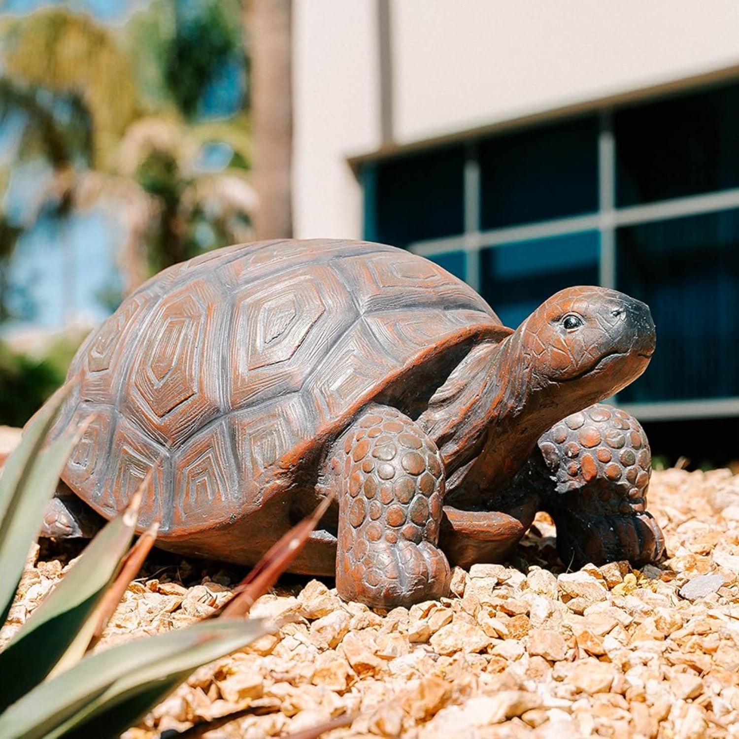 XBrand 21.3-inch brown and black concrete MgO turtle statue for indoor decor, featuring detailed walking turtle design.