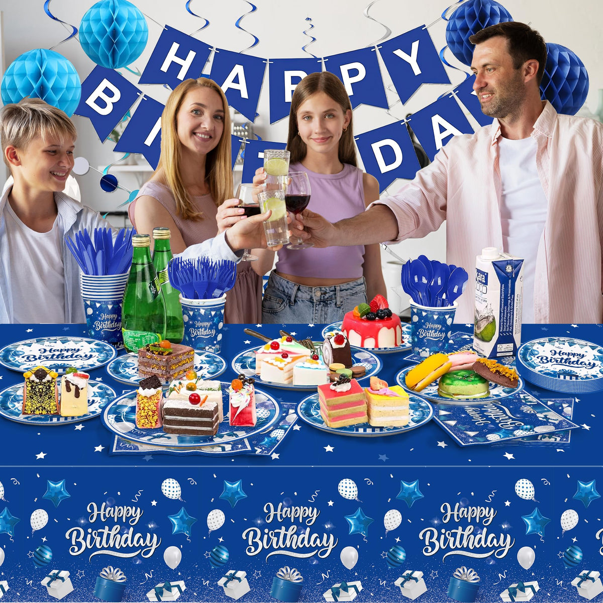 185pcs Happy Birthday Decorations Blue and Silver Plates - JVORFDG Official Imagery - 7