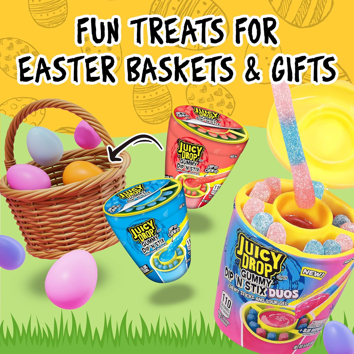 Juicy Drop Easter Sour Candy Dip N Stix variety pack with colorful sour candies and dipping sticks for fun Easter treats.