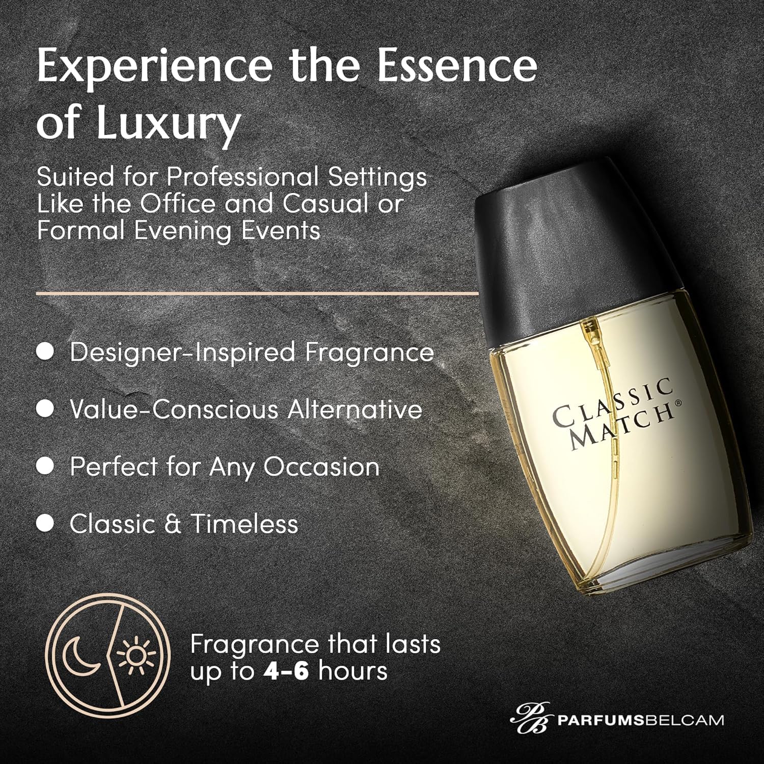 PB ParfumsBelcam Classic Match Eau de Toilette Spray for Men, warm oriental fragrance, showing the perfume bottle with a sleek design.