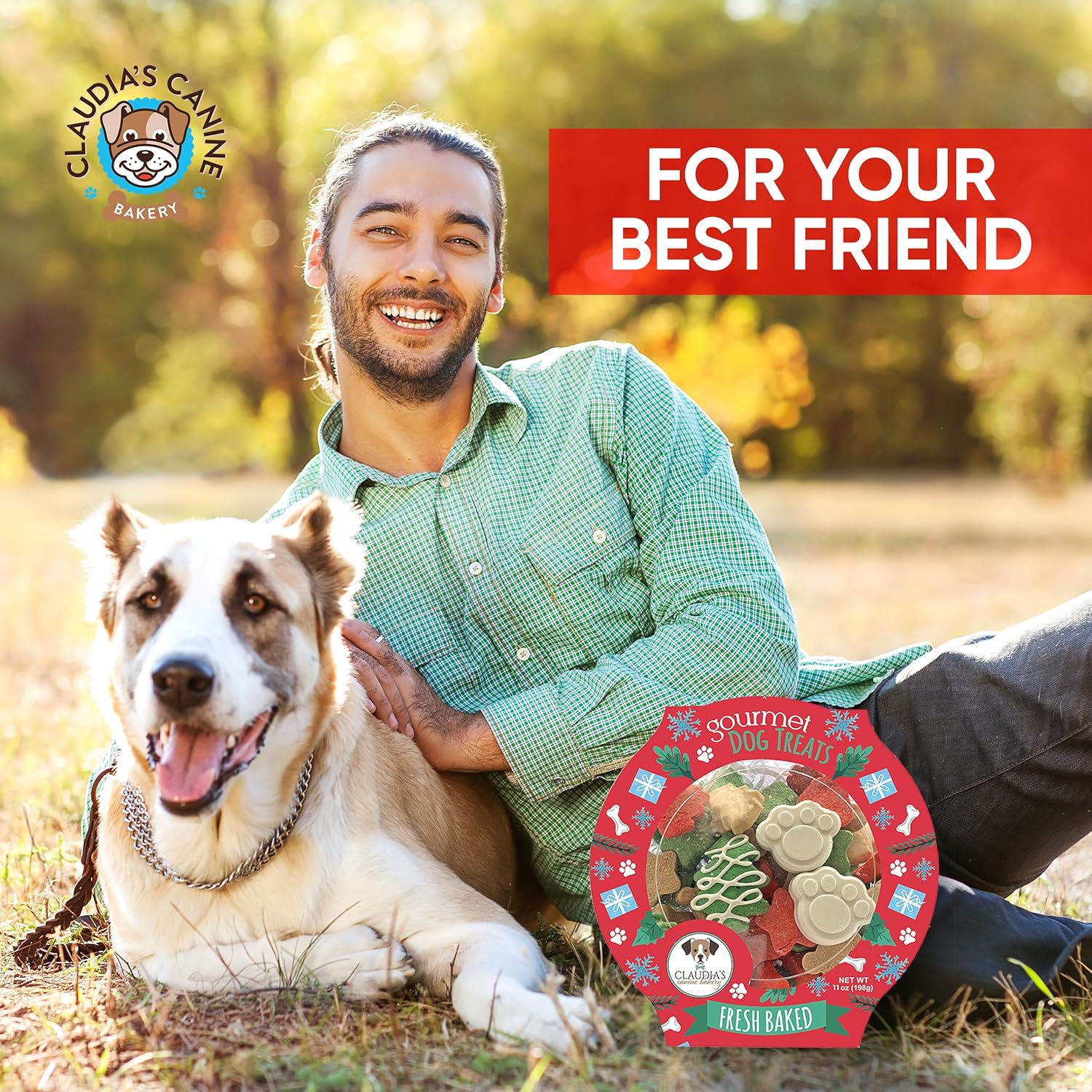 Santa Paws dog cookies by Claudia's Canine Bakery, vanilla-flavored Christmas treats for all dog breeds and sizes.