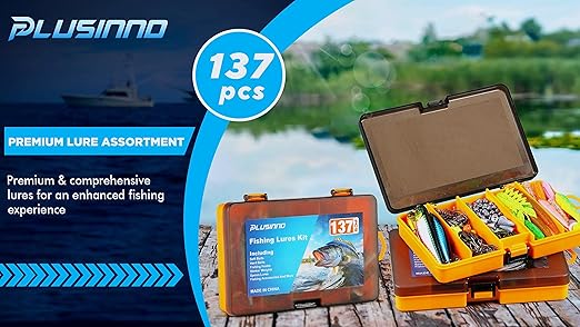 PLUSINNO fishing lures set with 137 pieces, tackle box, crankbaits, spoons, and hooks for freshwater and saltwater fishing.
