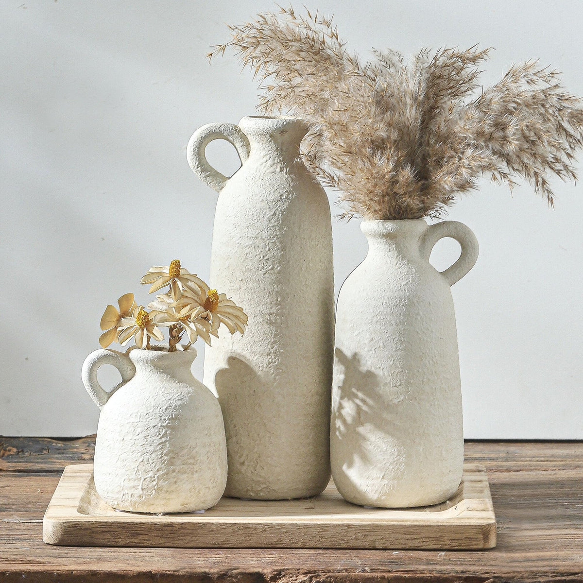 Ceramic Vase Set of 3 with Handle Neutral Rustic Vases Home - ooit Official Imagery - 1