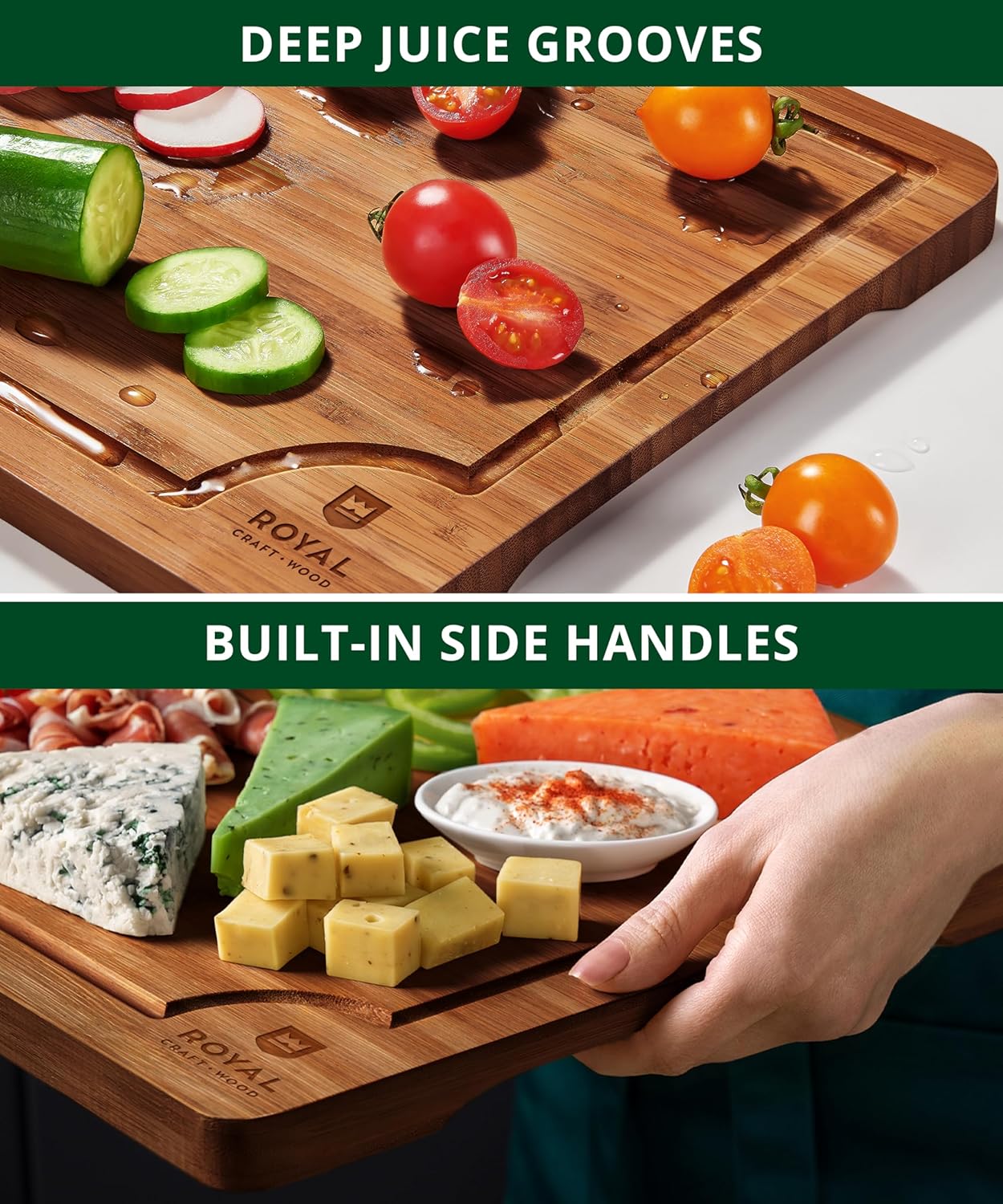 Royal Craft Wood wooden cutting board for kitchen meal prep and serving, showing a smooth, durable wood surface with handles.