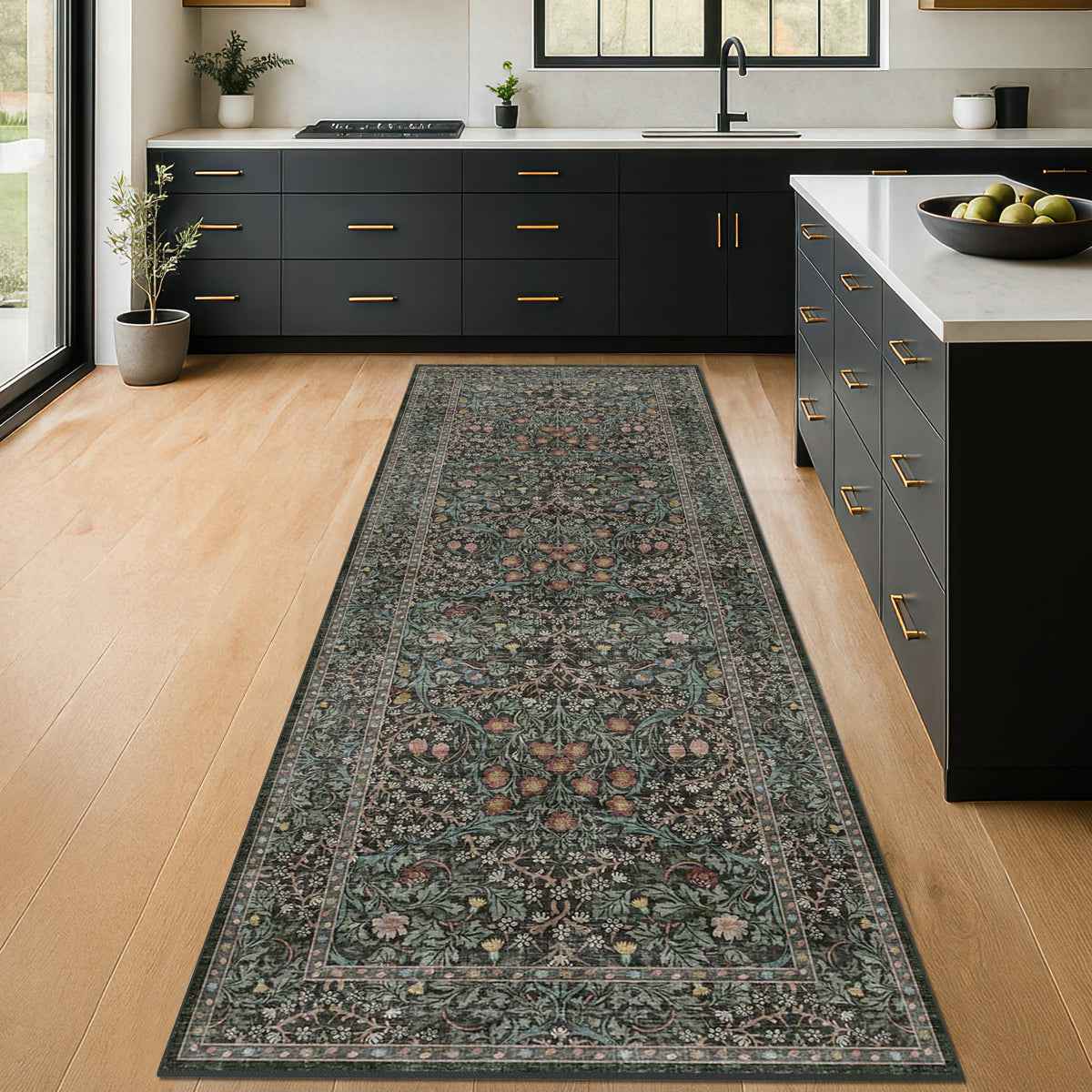 Vintage Floral Dark Green Washable Runner Rug 2x6 Non Slip - Hazo Haus Official Imagery - 2