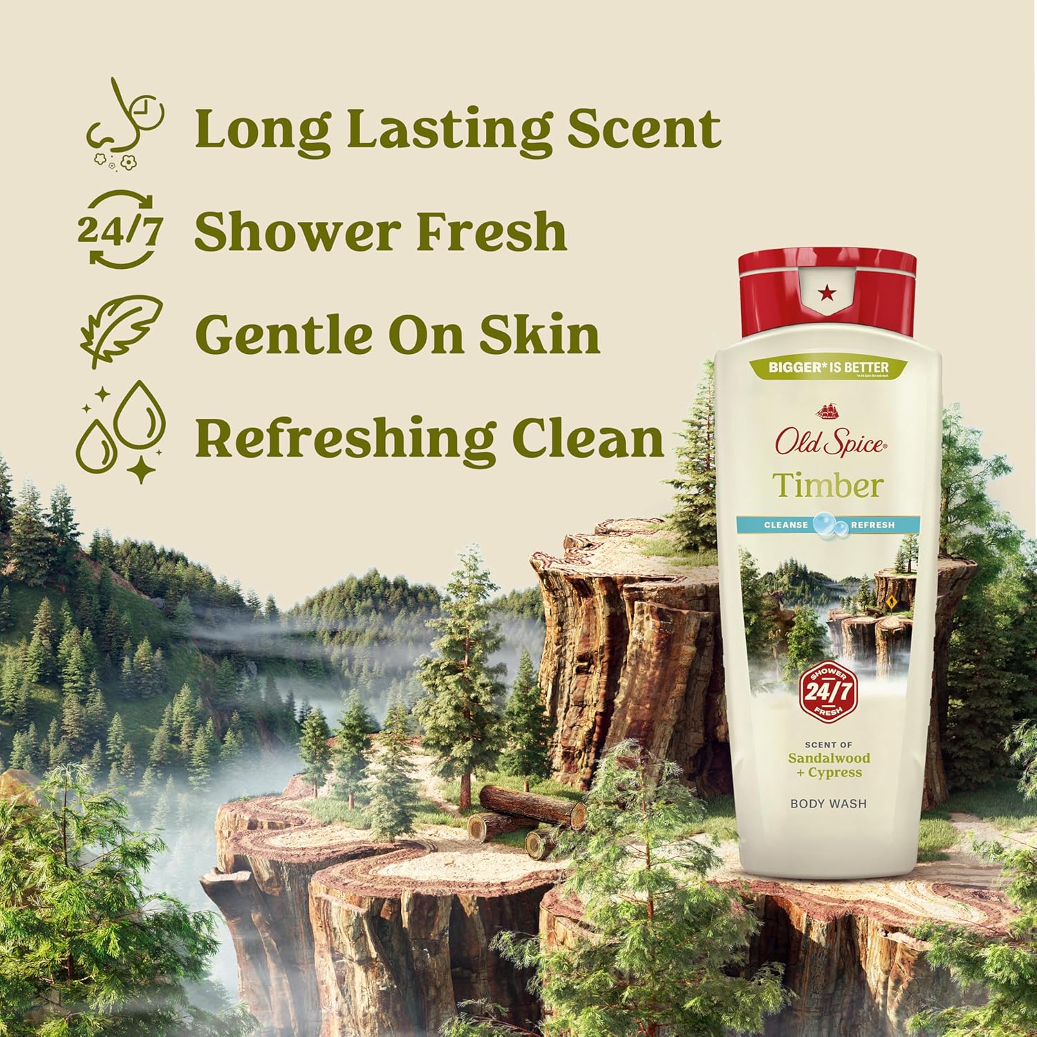 Old Spice men's cleansing body wash bottle with 24/7 Shower Fresh scent and lasting fragrance, ideal for daily shower use.