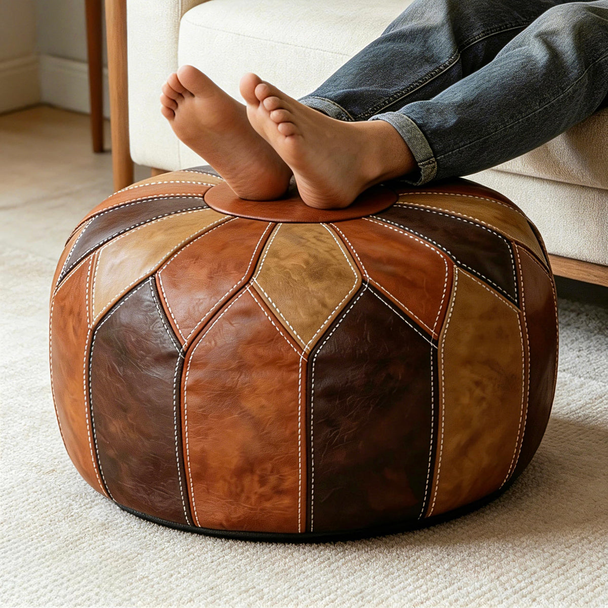 Thgonwid Round Unstuffed Pouf Cover Faux Leather Storage - Thgonwid Official Imagery - 1