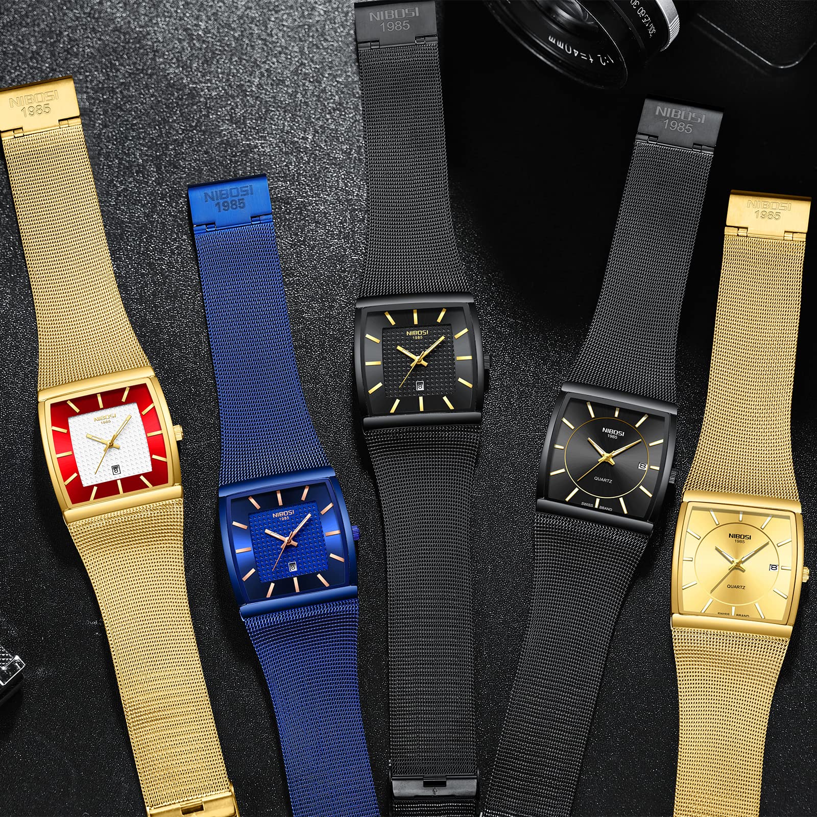 NIBOSI Men's Blue Square Dial Mesh Watch | Date Display