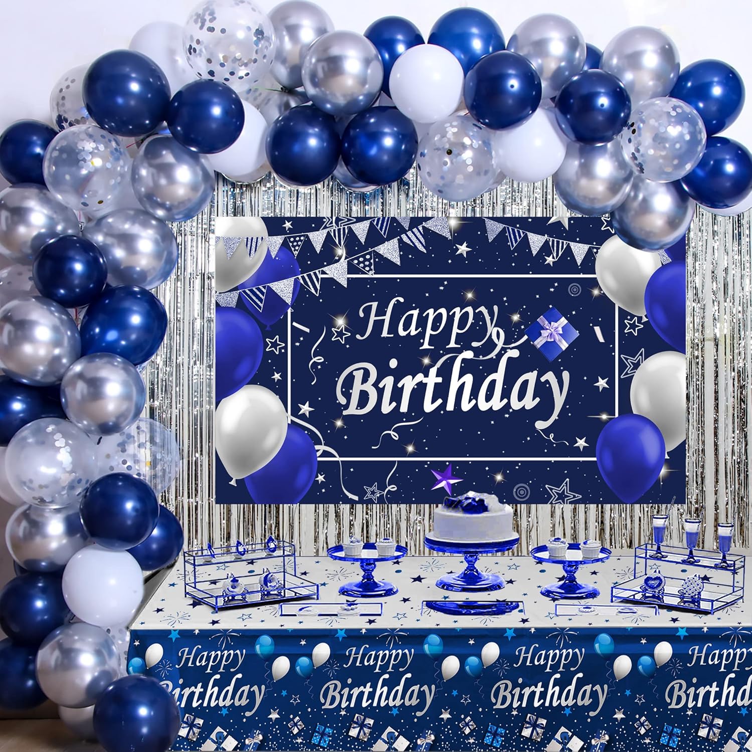 Blue birthday decorations for men and women, including banners and party accessories by Puchod for a festive celebration.