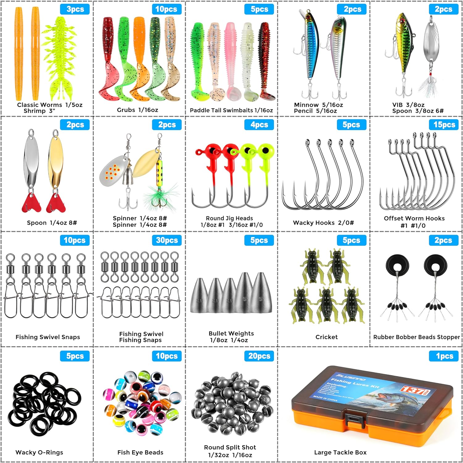 PLUSINNO fishing lure set with 137 pieces including crankbaits, spoons, hooks, and tackle box for freshwater and saltwater fishing.
