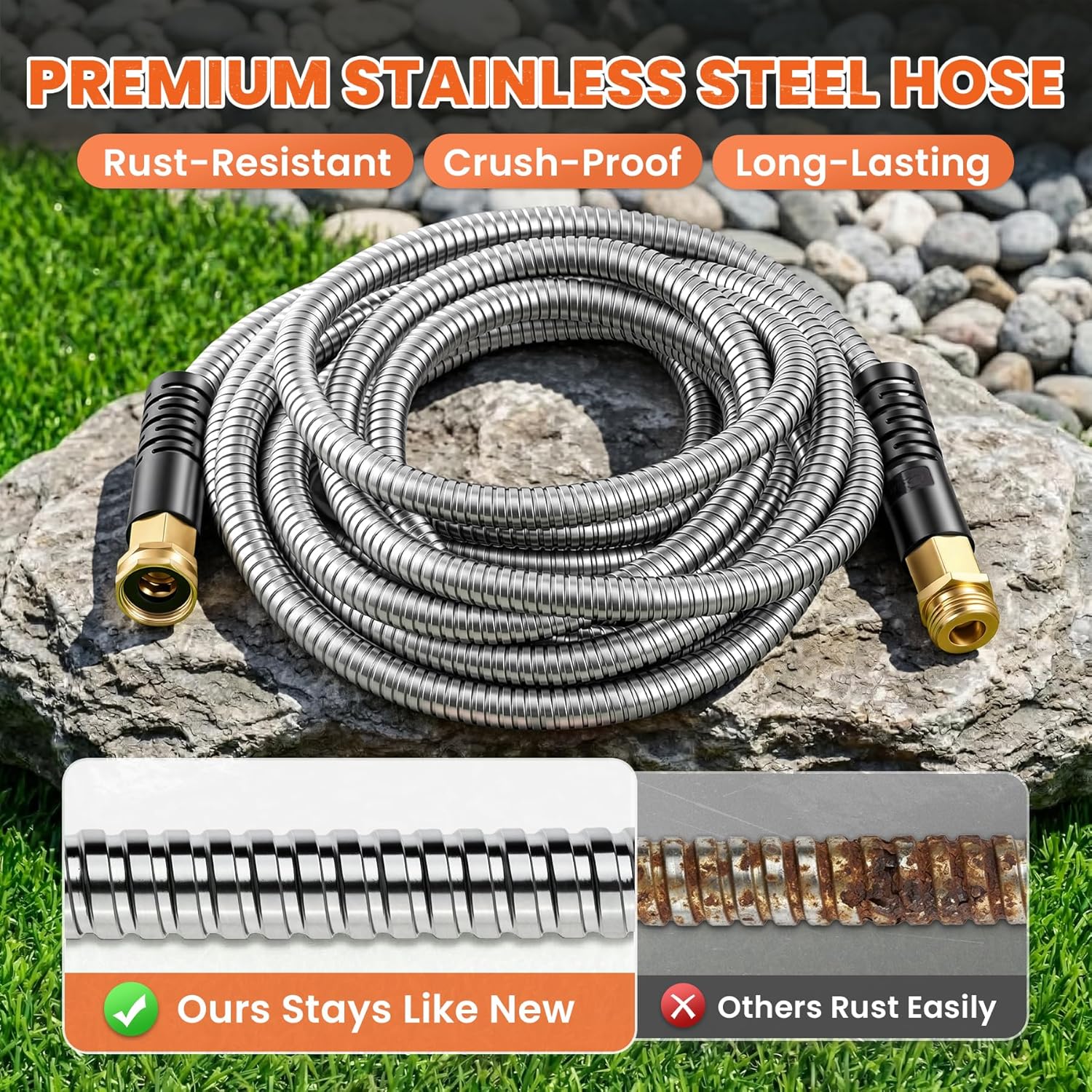 Cesun 100 ft stainless steel garden hose with 5/8-inch diameter, heavy-duty metal water hose for outdoor gardening and watering.