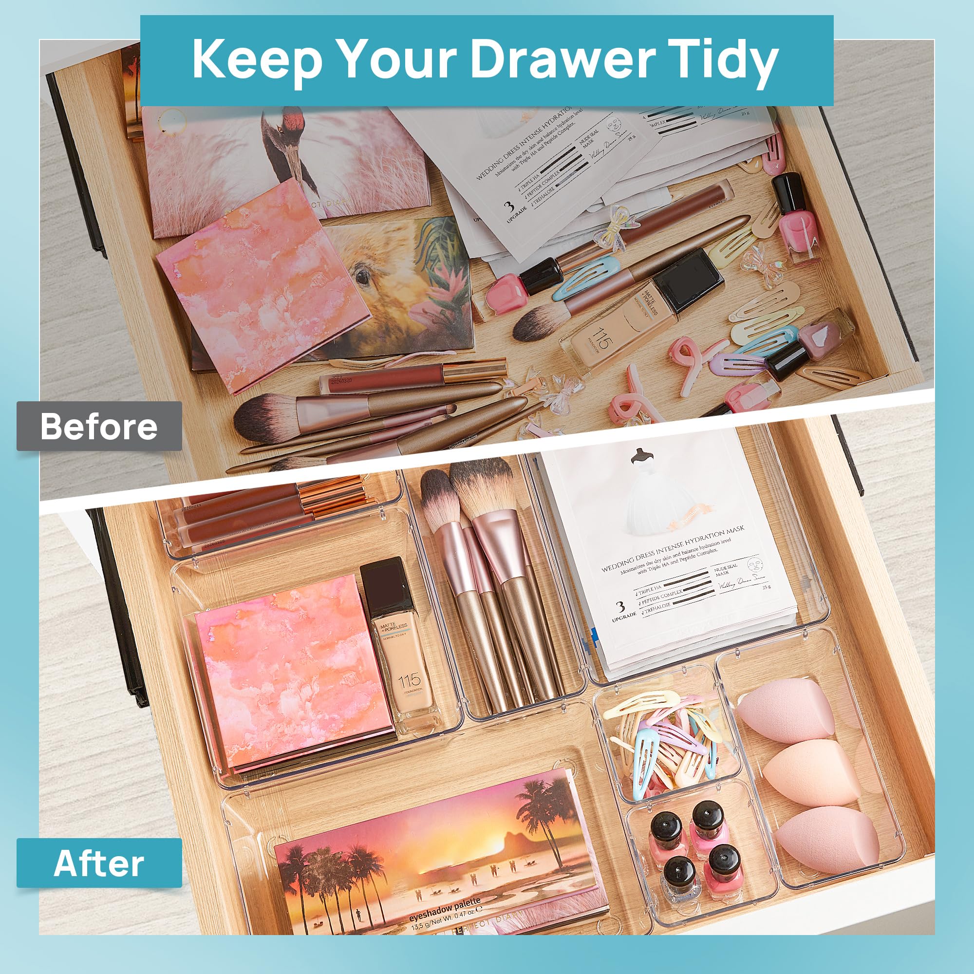 Vtopmart 25 PCS Clear Plastic Drawer Organizers Set, 4-Size Versatile Bathroom and Vanity Drawer Organizer Trays, Storage Bins for Makeup, Bedroom, Kitchen Gadgets Utensils and Office - Vtopmart Official Product View 3
