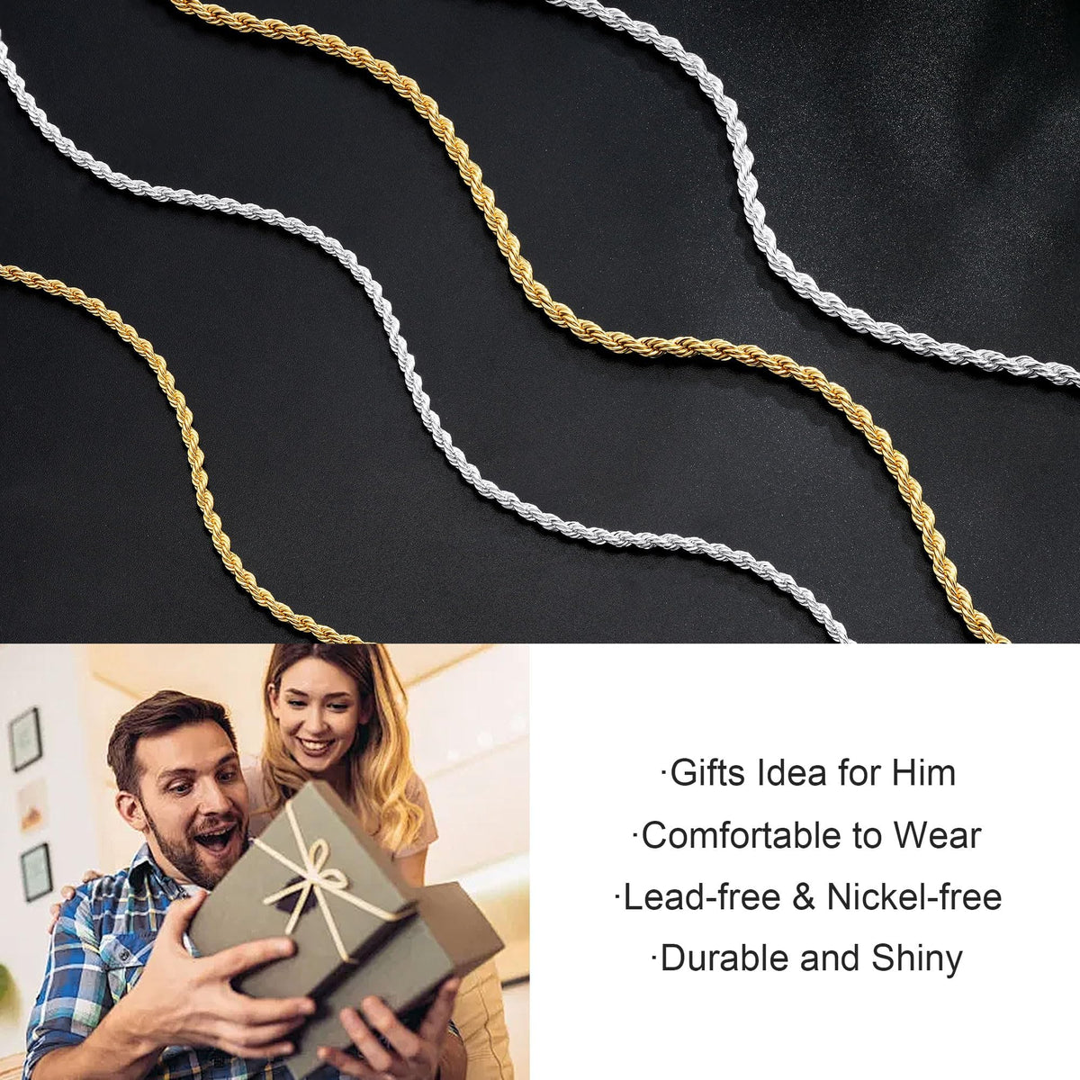 925 Sterling Silver Rope Chain for Men 3mm 4mm - Maxcate Official Imagery - 8