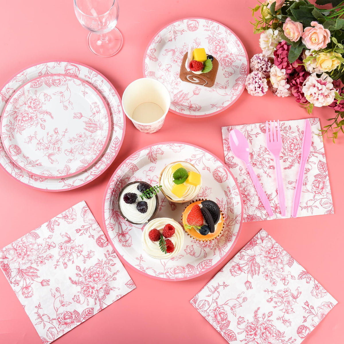 175Pcs Pink Floral Paper Plates and Napkins 25 Guests Pink - Elyxio Official Imagery - 7