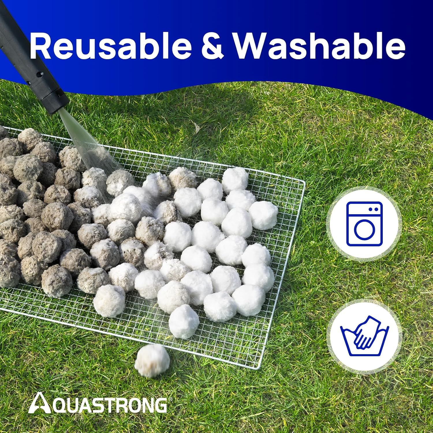 AQUASTRONG reusable pool filter balls in a bowl, 3.1 lbs for sand filters, designed for efficient water filtration.