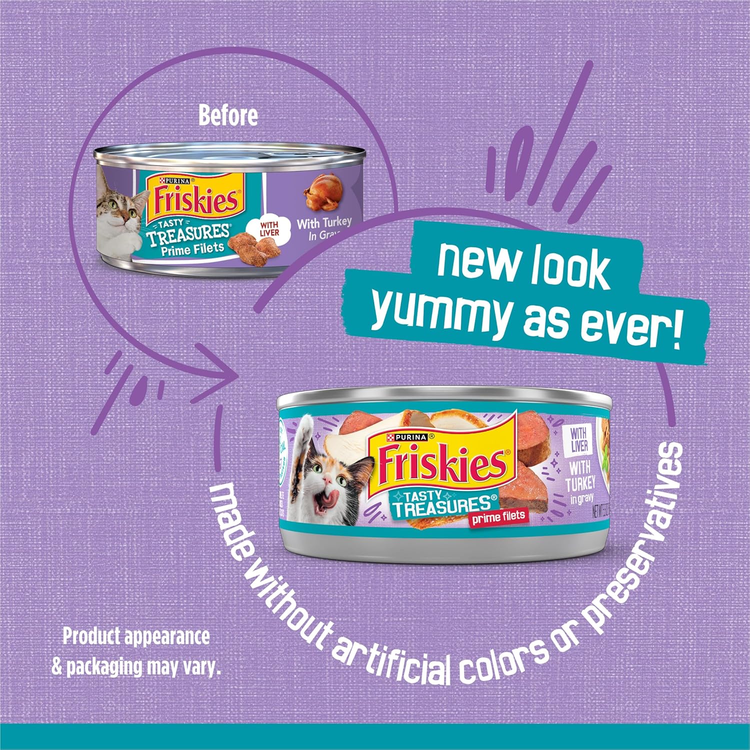 Cans of Purina Friskies Wet Cat Food Tasty Treasures with turkey and liver in gravy, 5.5 oz, pack of 24, with colorful labels