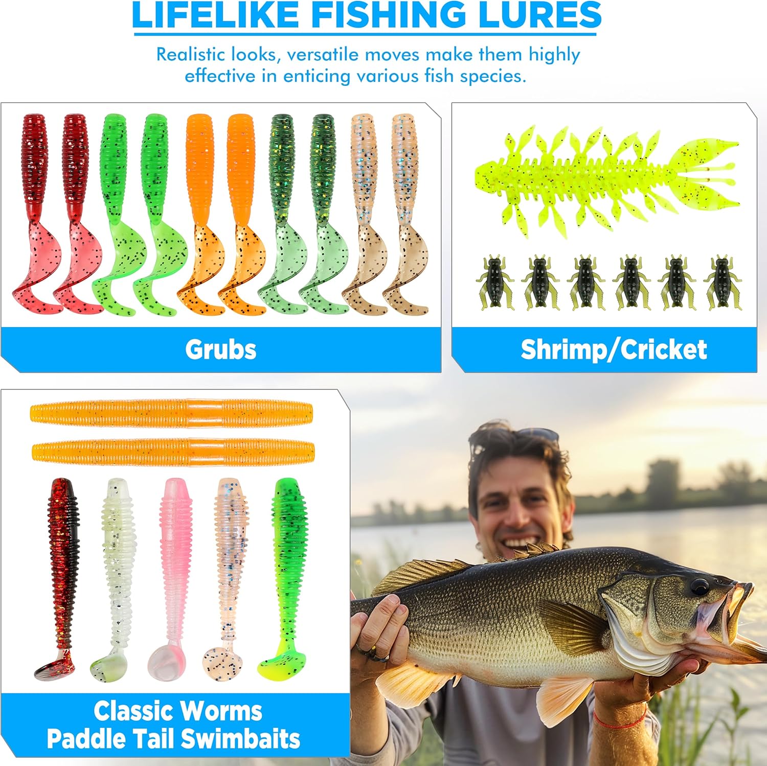 PLUSINNO fishing lures set with 137-piece tackle box, featuring crankbaits, spoons, and hooks for freshwater and saltwater fishing.