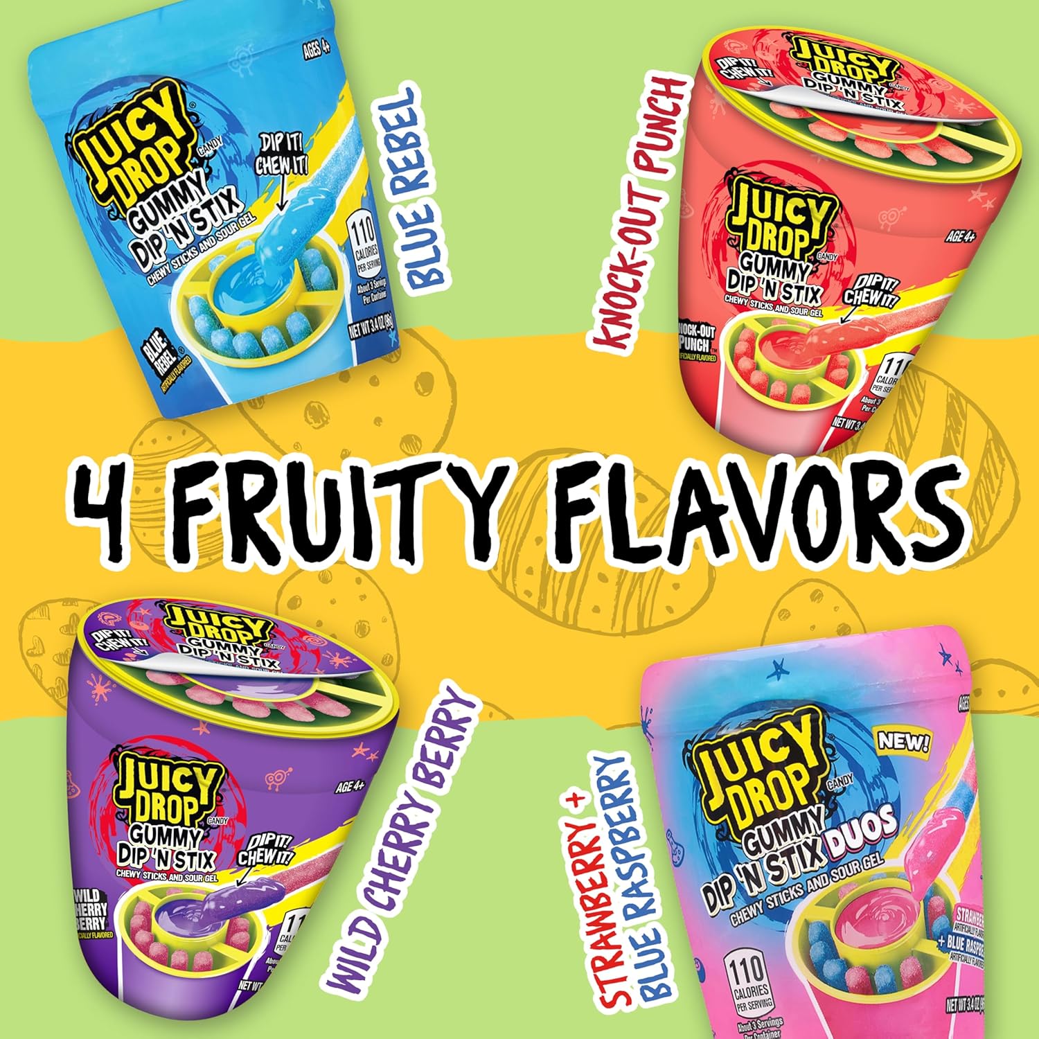 Juicy Drop Easter Sour Candy Dip N Stix variety pack with colorful candy sticks and sour dipping sauce in a fun 8-pack.