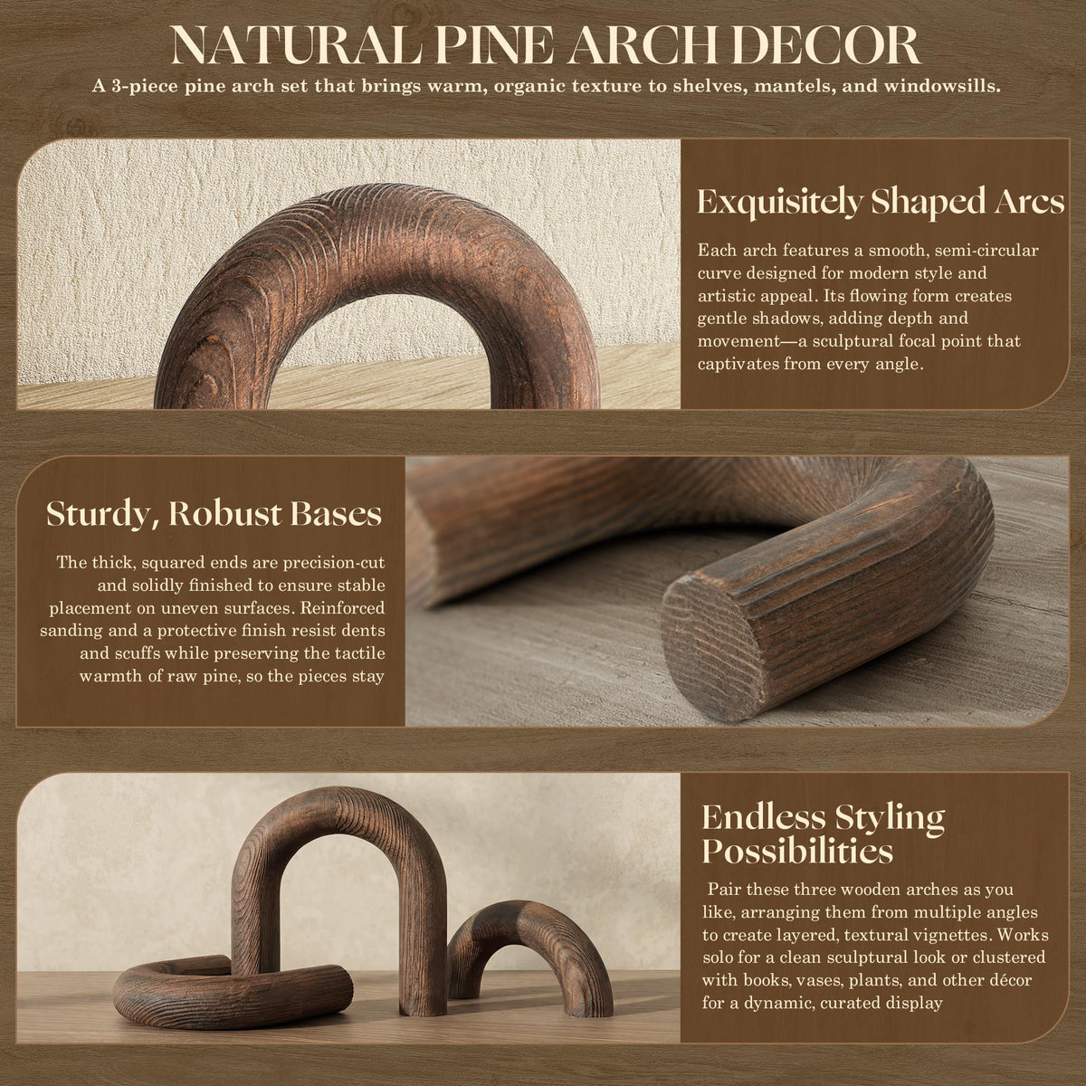 EOSAHR Pine Wood Arch Decor Set Wood Sculpture for Table - EOSAHR Official Imagery - 7