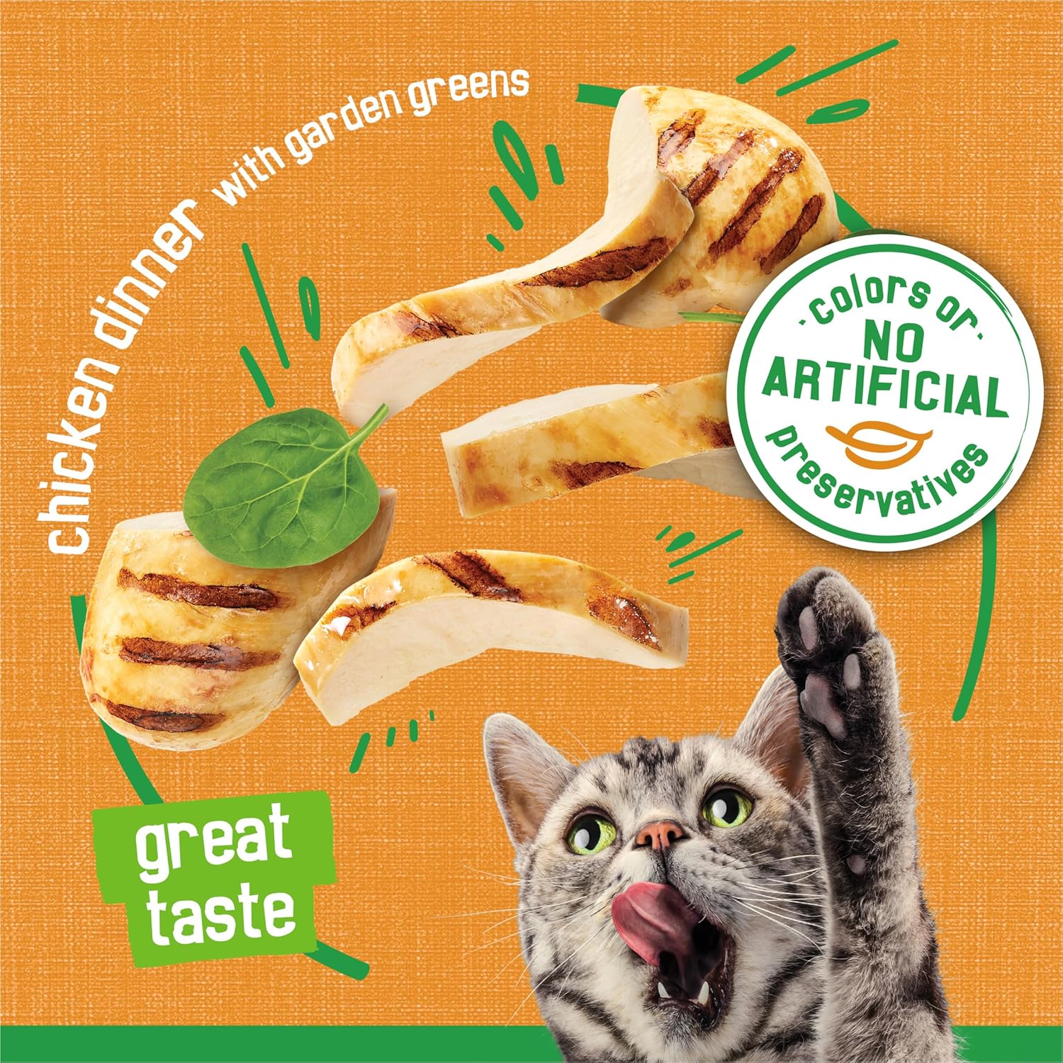 Friskies Indoor Cat Food Pate Chicken Dinner with Garden Greens, 5.5 oz cans, pack of 24, showing creamy cat food in cans