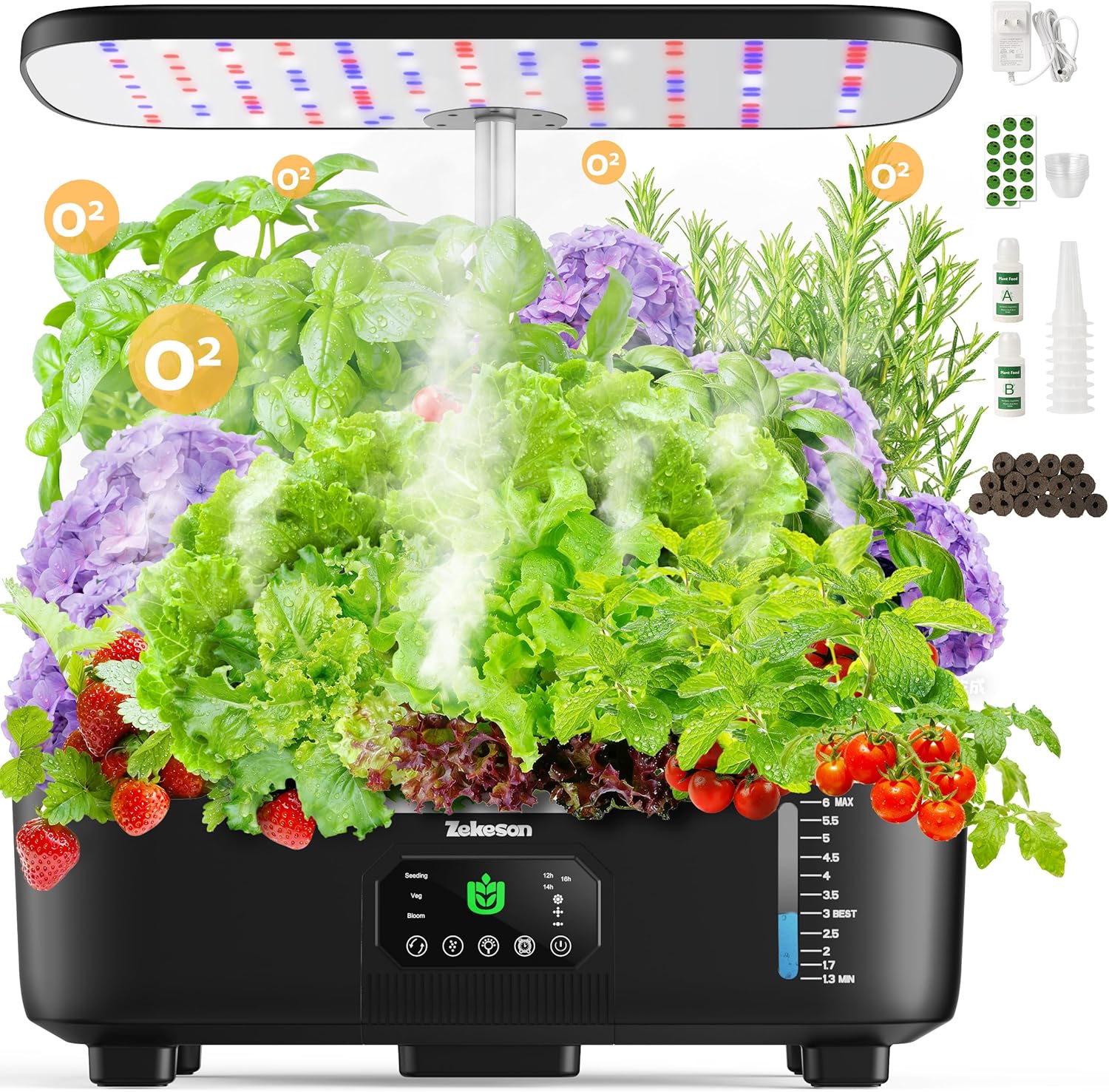 Zekeson misting hydroponic indoor herb garden kit with 15 pods, smart planter system for growing herbs indoors.