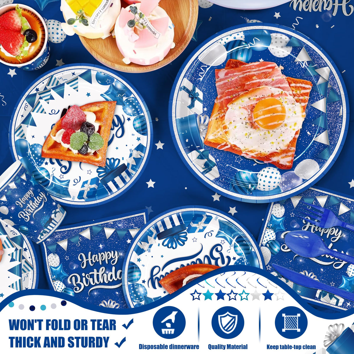 185pcs Happy Birthday Decorations Blue and Silver Plates - JVORFDG Official Imagery - 3