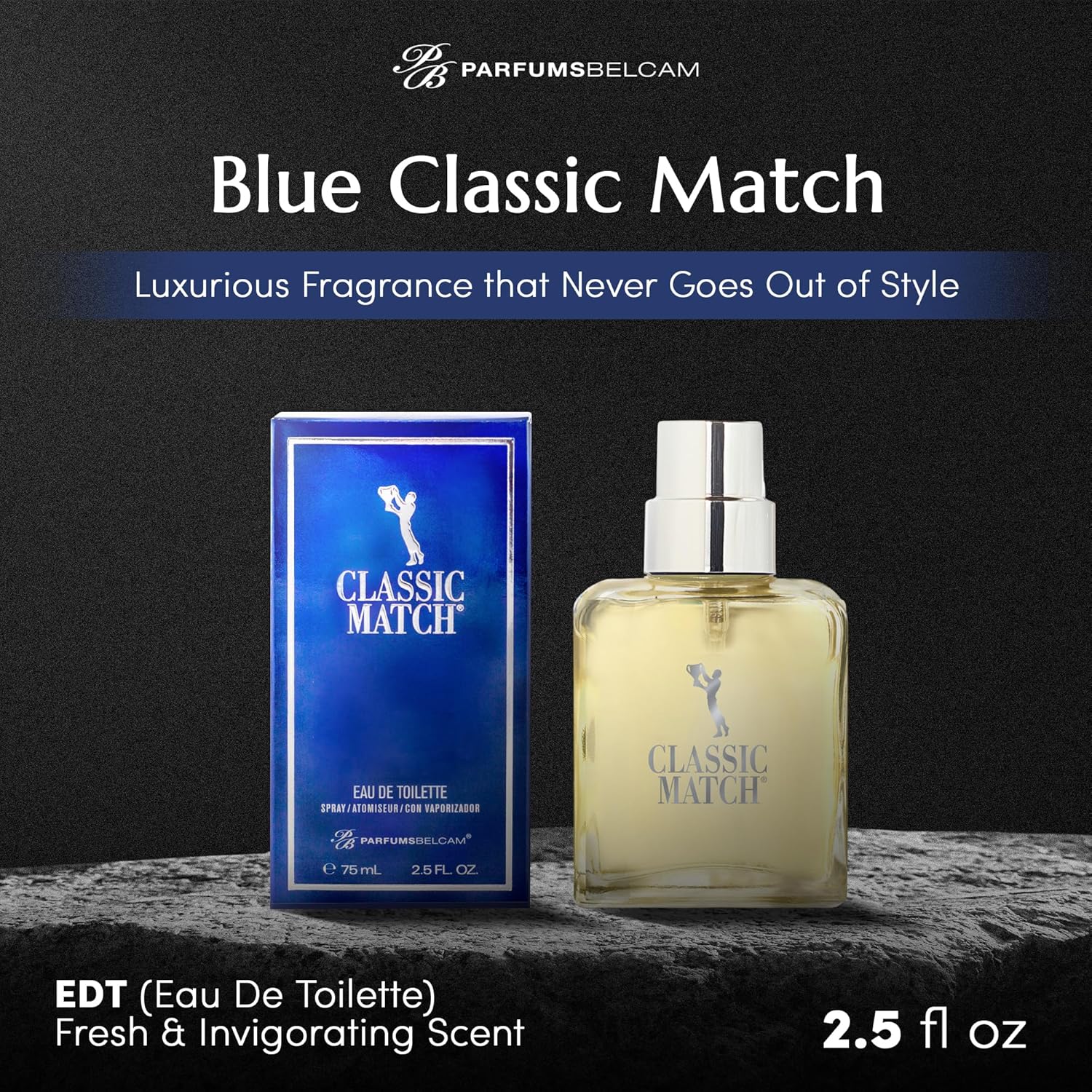 PB ParfumsBelcam Blue Classic Match Eau de Toilette spray for men, featuring a sleek blue bottle and elegant design.