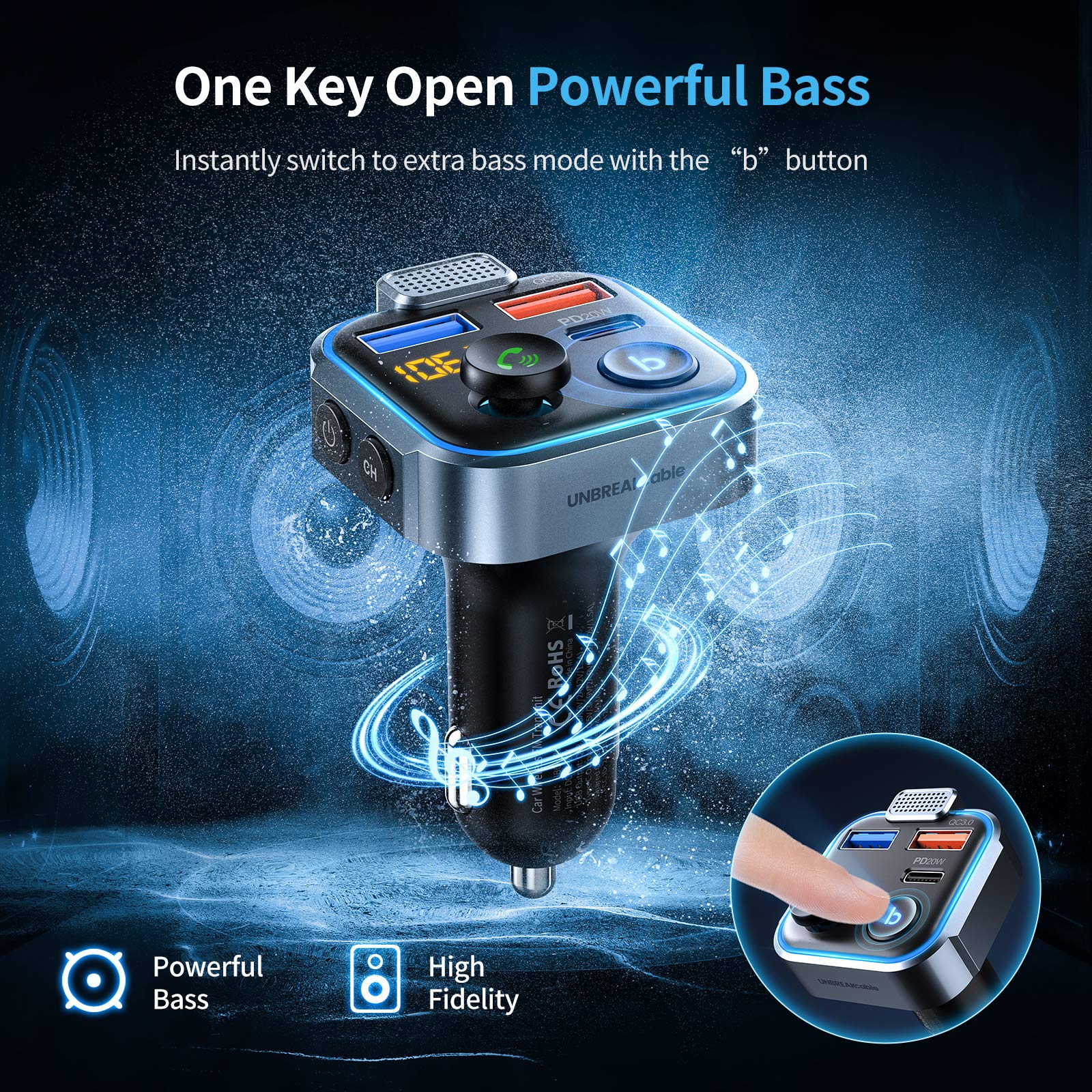 UNBREAKcable Bluetooth 5.3 FM Transmitter for Car Radio Adapter C by UNBREAKcable - Angle View 8