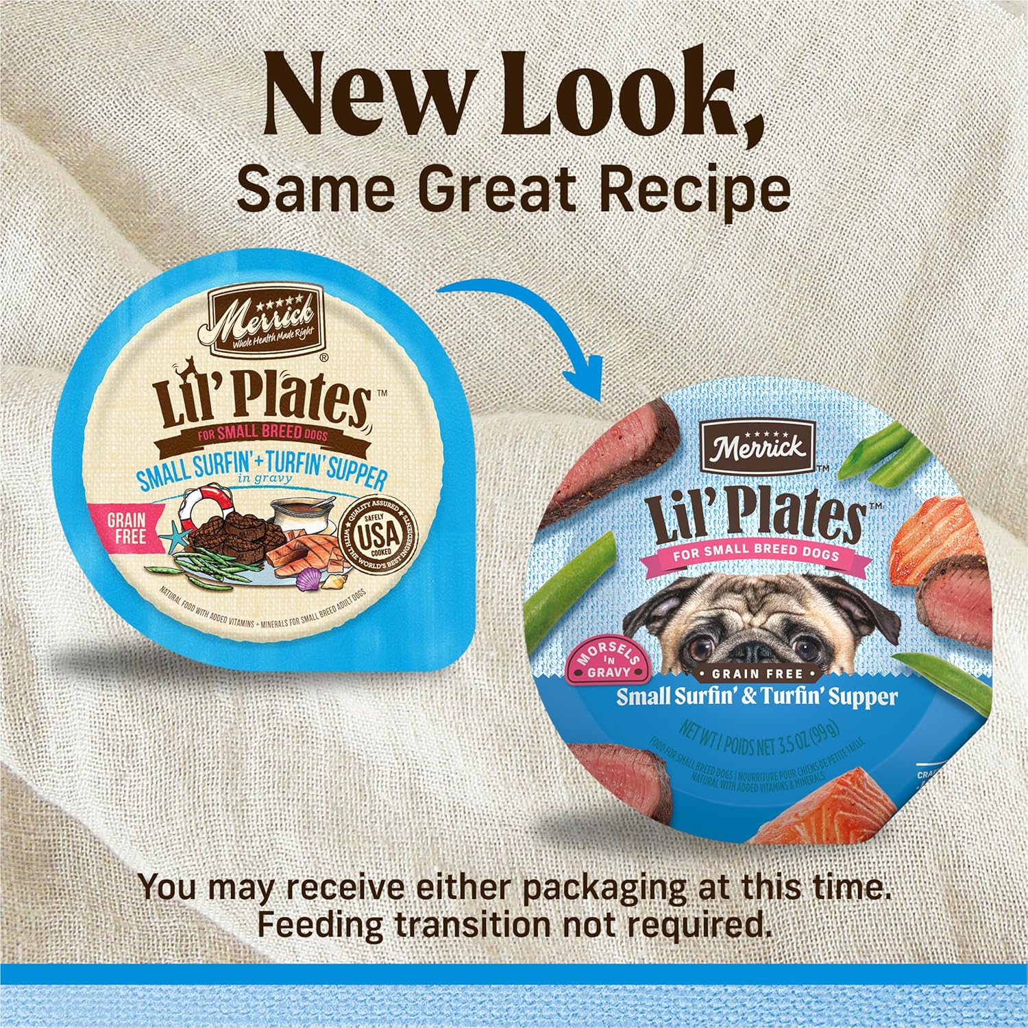 Merrick Lil’ Plates premium grain-free natural wet dog food for small dogs, 3.5 oz tubs, pack of 12, with visible colorful food in tubs