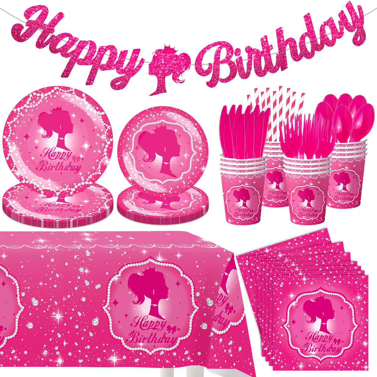 162 Piece Hot Pink Birthday Tableware Set for 20 Guests - JOLJUMP Official Imagery - 1