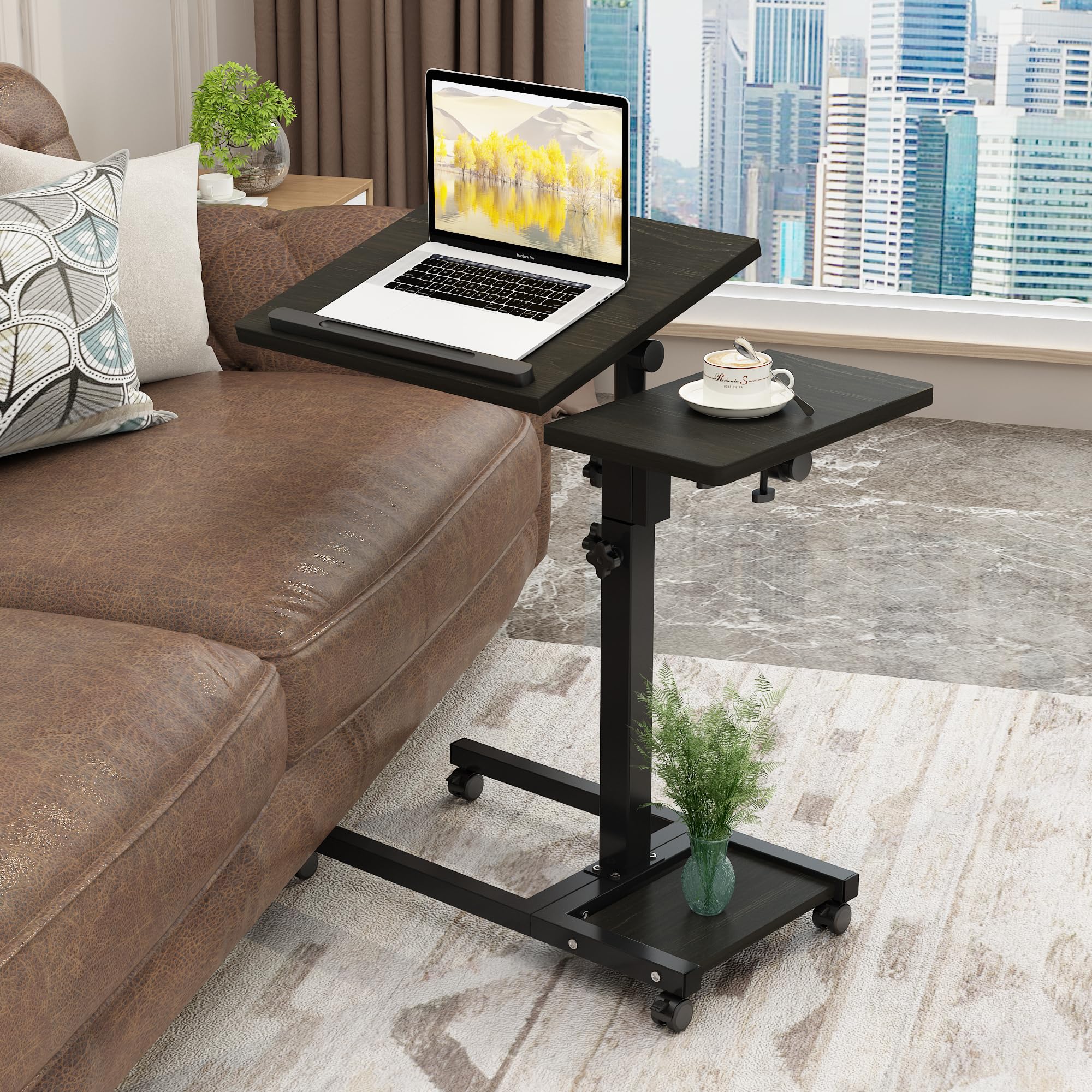 TigerDad adjustable height laptop stand with wheels, tiltable surface, mouse pad, and portable rolling table for PCs and notebooks.