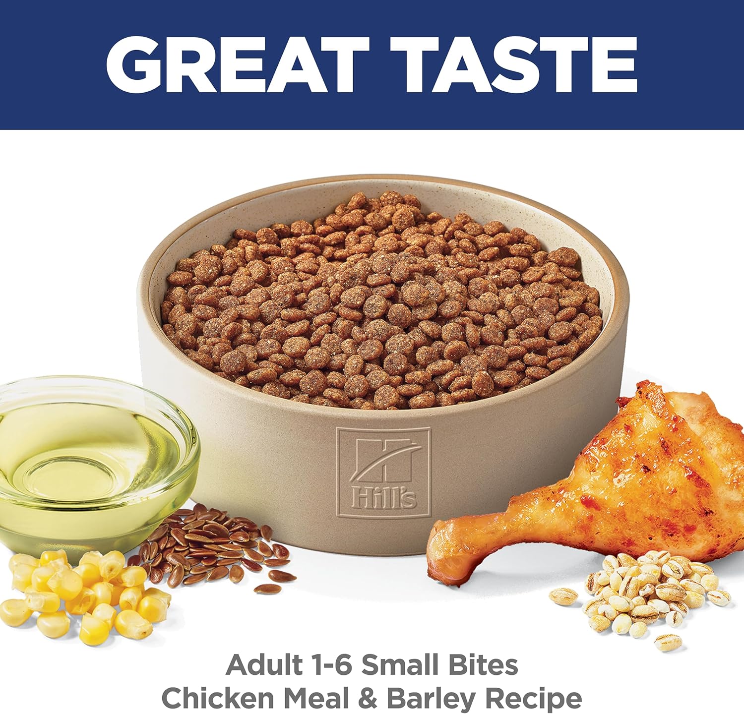 Dog food bowl with kibble, a chicken leg, corn, seeds, and a small bowl of oil on a white background with 'Hill's' branding.