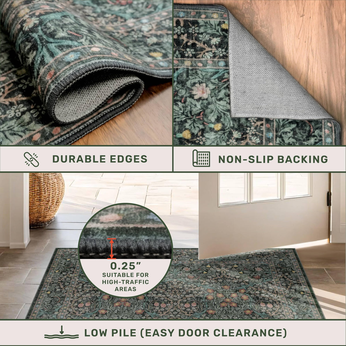 Vintage Floral Dark Green Washable Runner Rug 2x6 Non Slip - Hazo Haus Official Imagery - 6