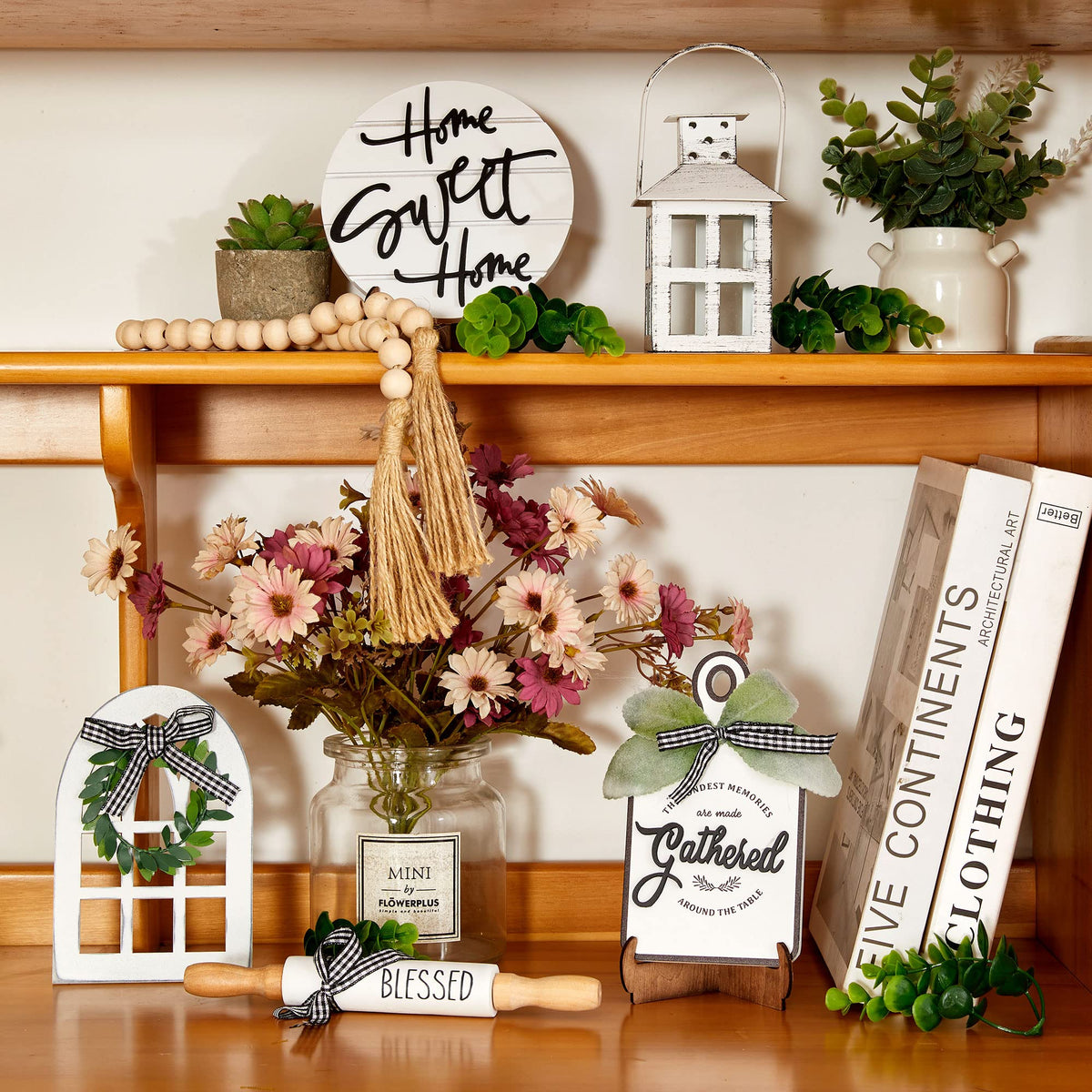 Set of 16 Farmhouse Tiered Tray Decor with 1 Lantern - Houmury Official Imagery - 7