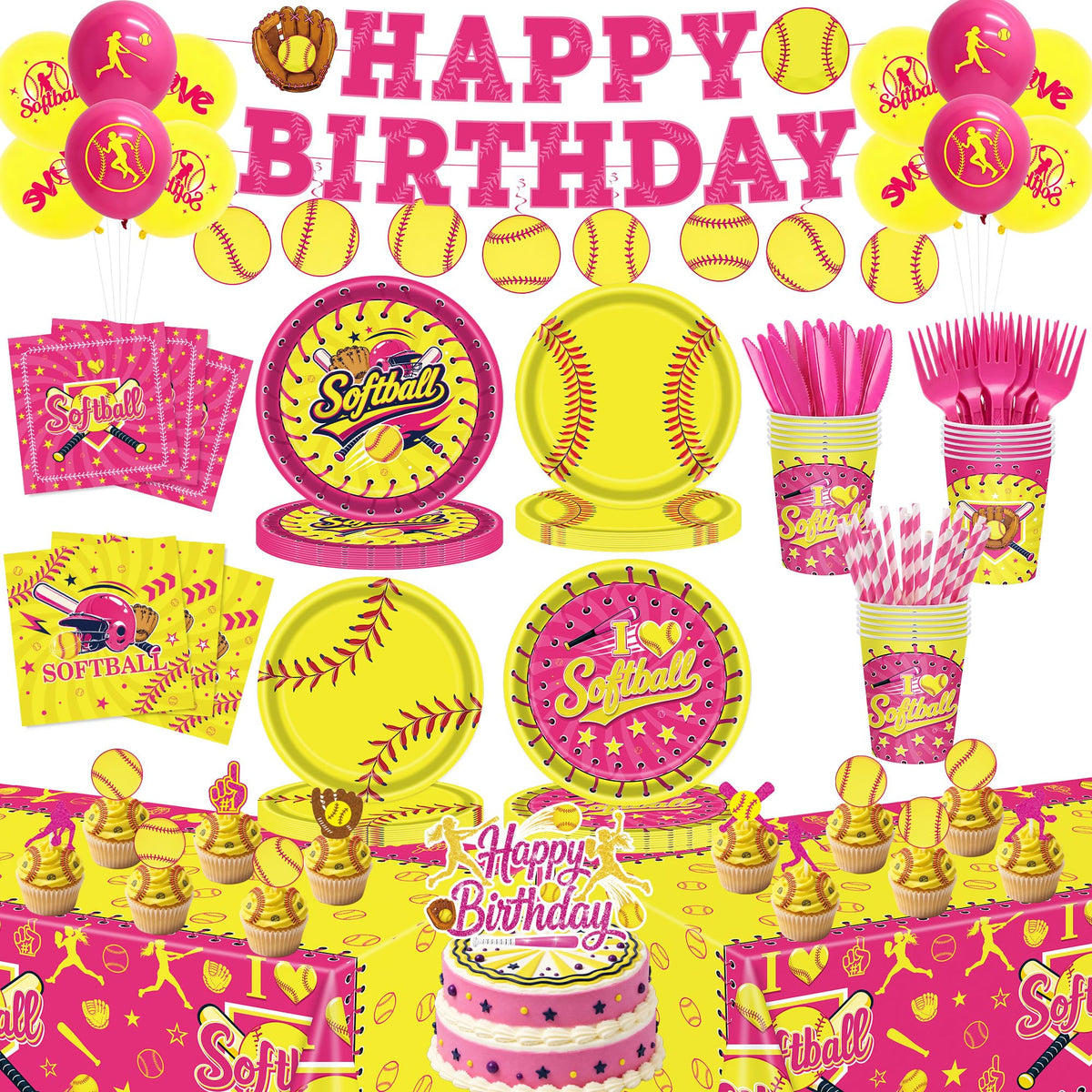 215Pcs Softball Birthday Party Decorations Tableware Set for - KLYMVA Official Imagery - 1