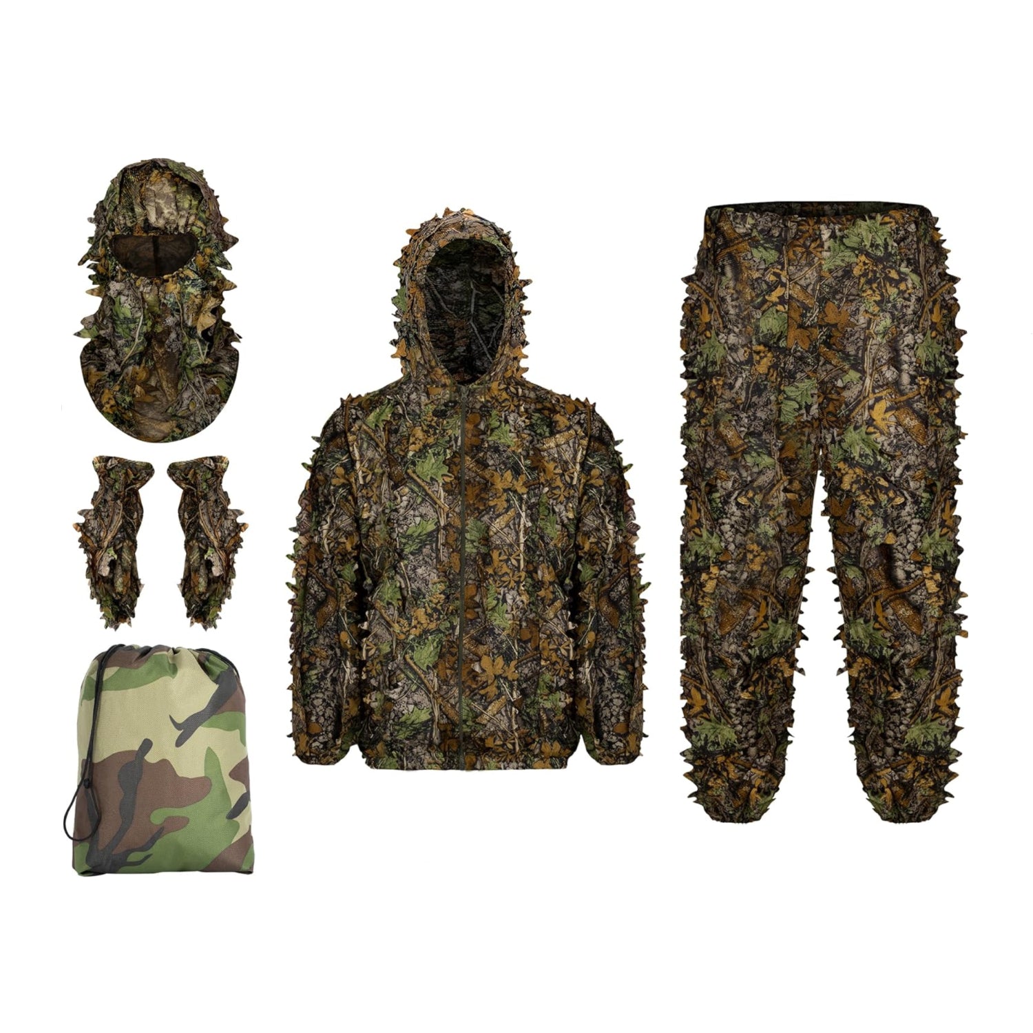 Ginsco Ghillie suit set with full face mask and gloves, 3D leafy camouflage for men, XX-large size, outdoor hunting gear