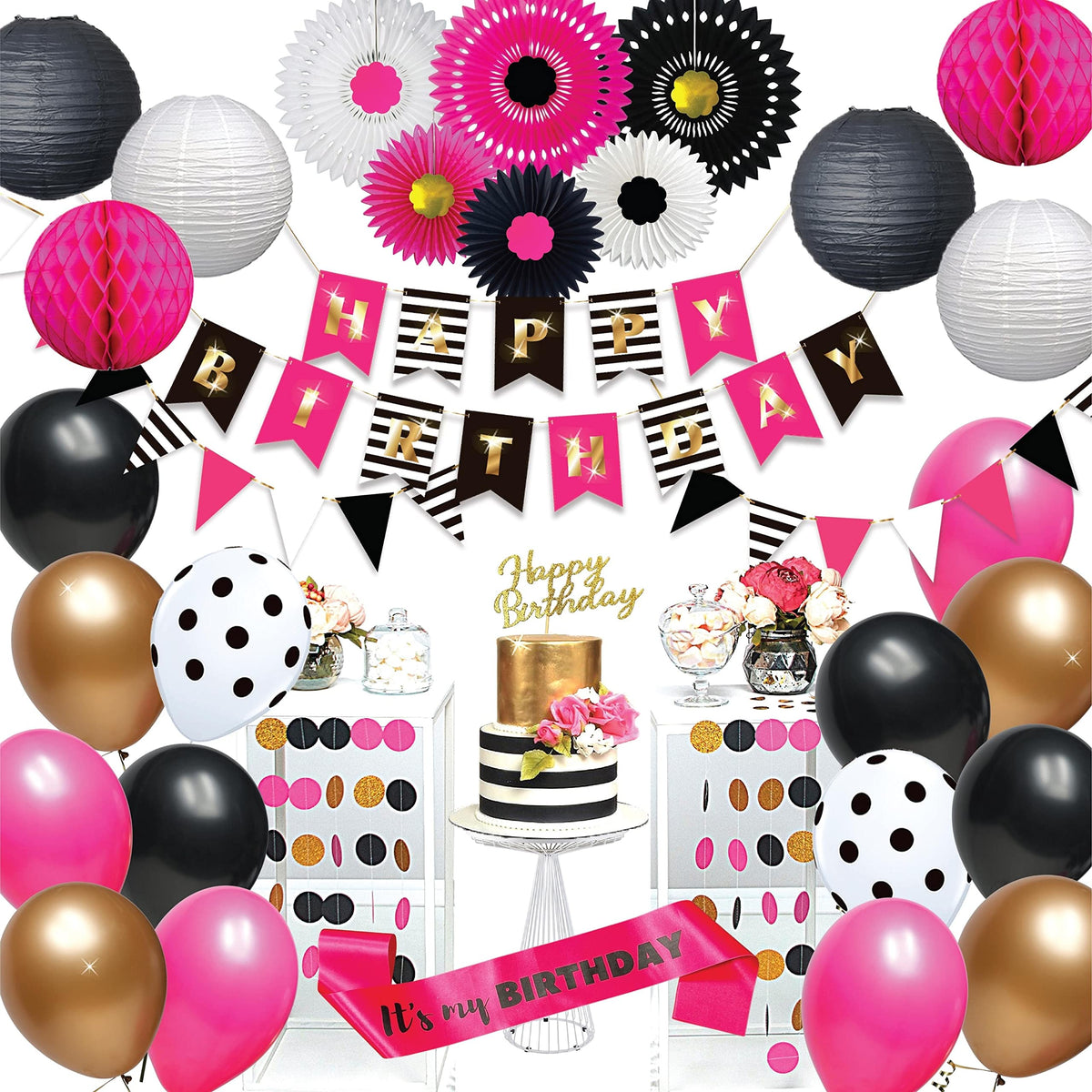 Hot Pink and Black Birthday Decorations for Women Pink Party - RainMeadow Official Imagery - 1