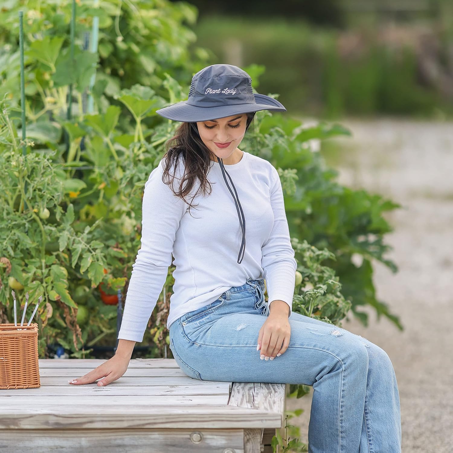 Laila and Lainey Plant Lady wide brim waterproof gardening hat for women, green sun hat with adjustable strap and gardening style.