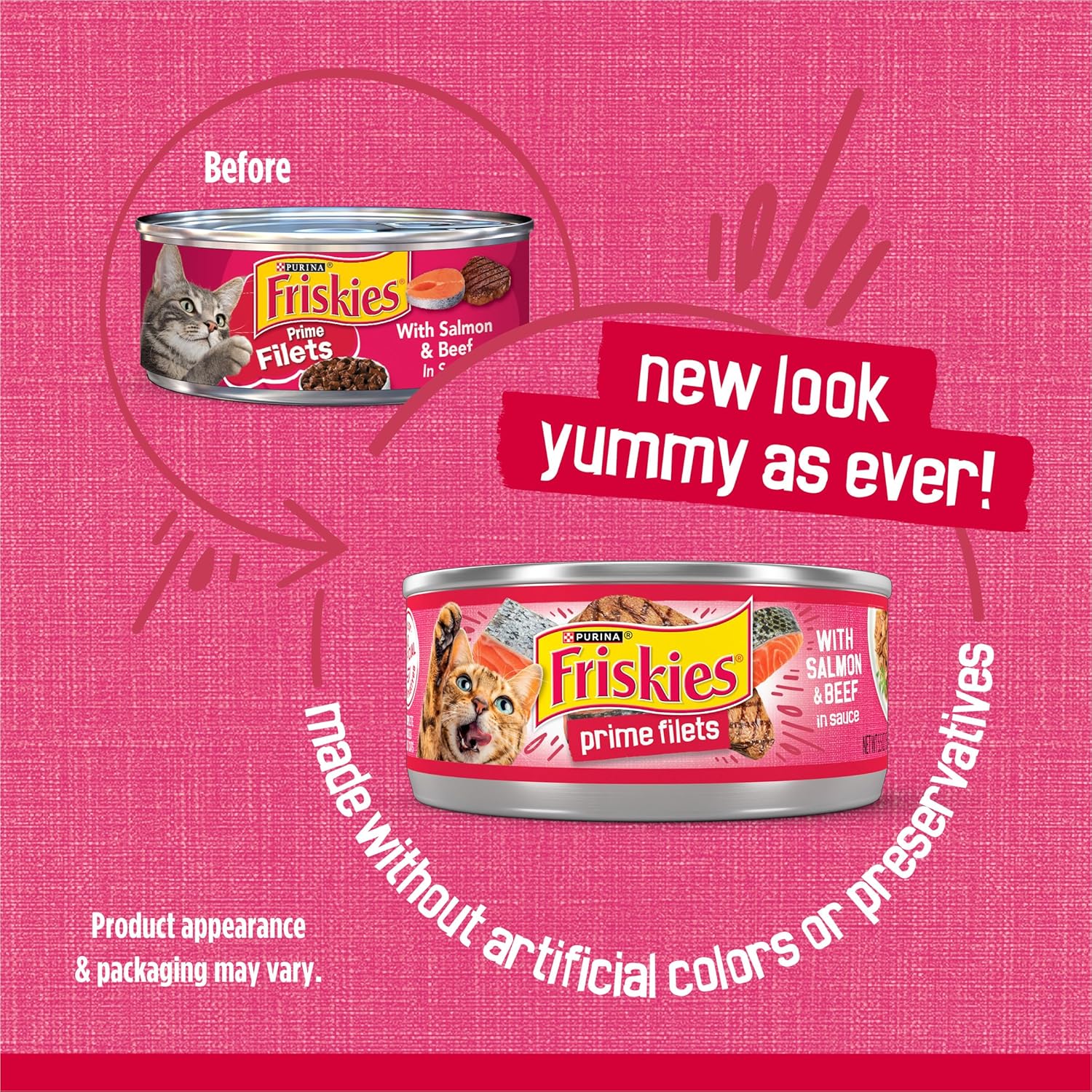 Friskies Prime Filets cat food cans with salmon and beef in sauce, high protein wet cat food, 5.5 oz cans, pack of 24