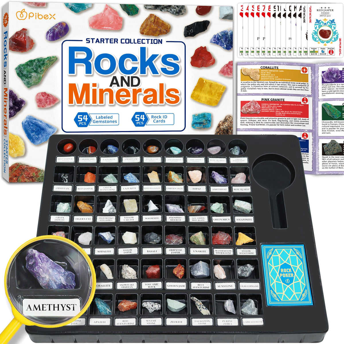 Rock Collection Starter Kit 54 Rocks Minerals with Name - PIBEX Official Imagery - 1