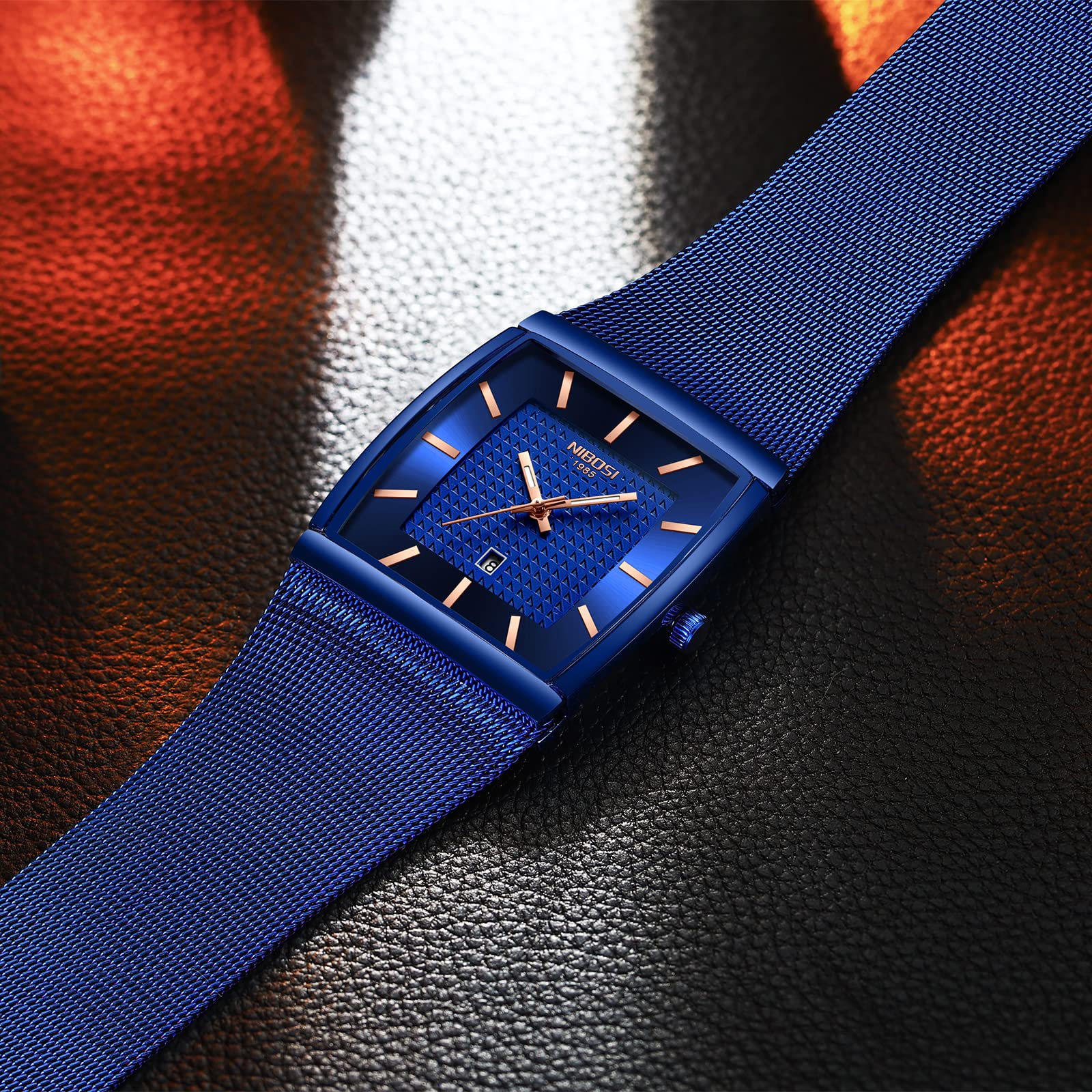 NIBOSI Men's Blue Square Dial Mesh Watch | Date Display