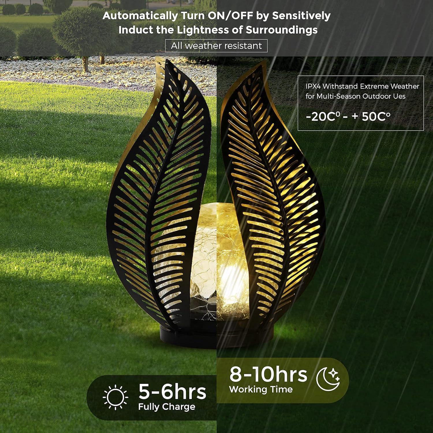 QZGE solar garden lights with waterproof crackle globe glass and metal palm decoration, ideal for outdoor landscape lighting.