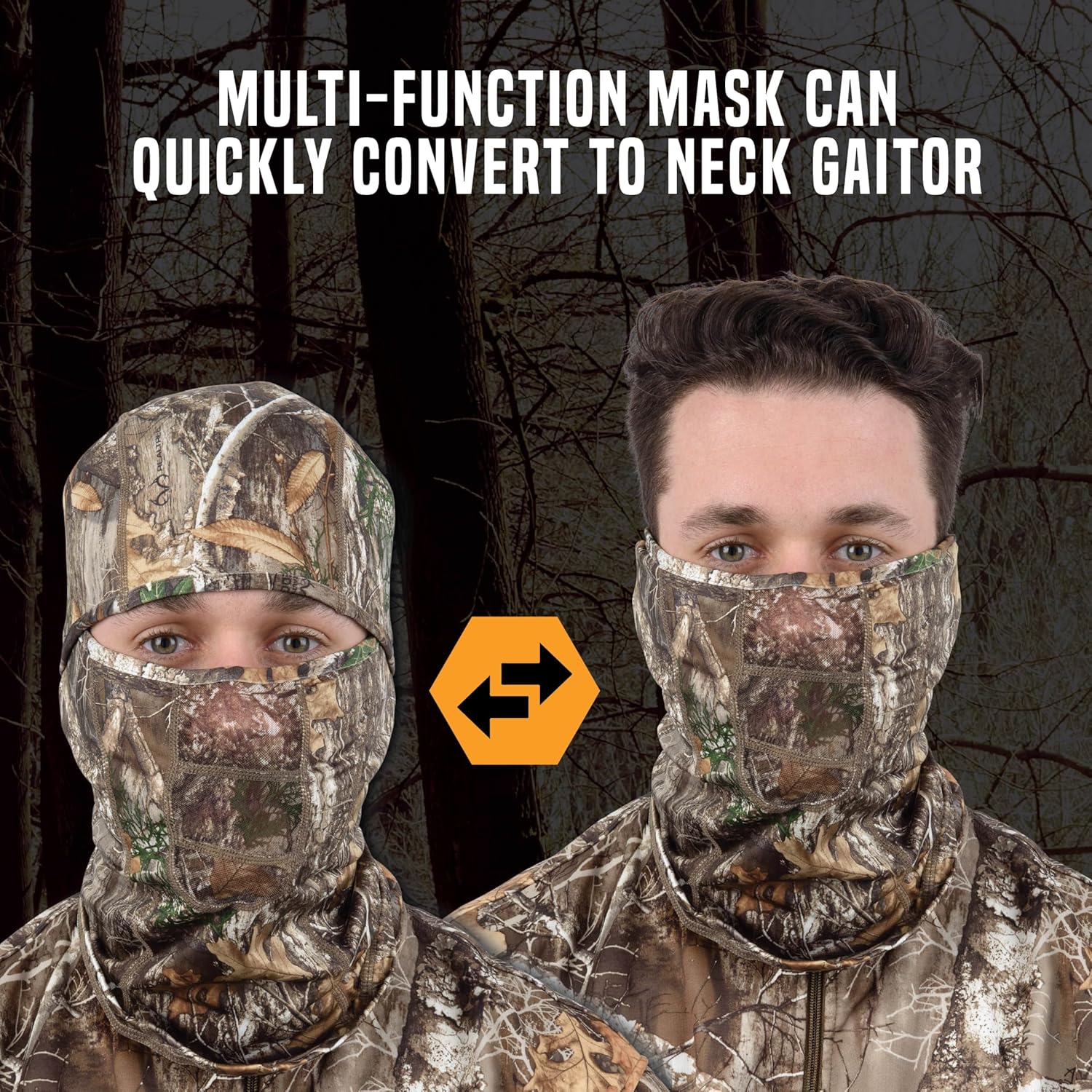 Allen Company Vanish stretch-fit camouflage balaclava, hunting face cover with camo pattern, made for outdoor concealment.