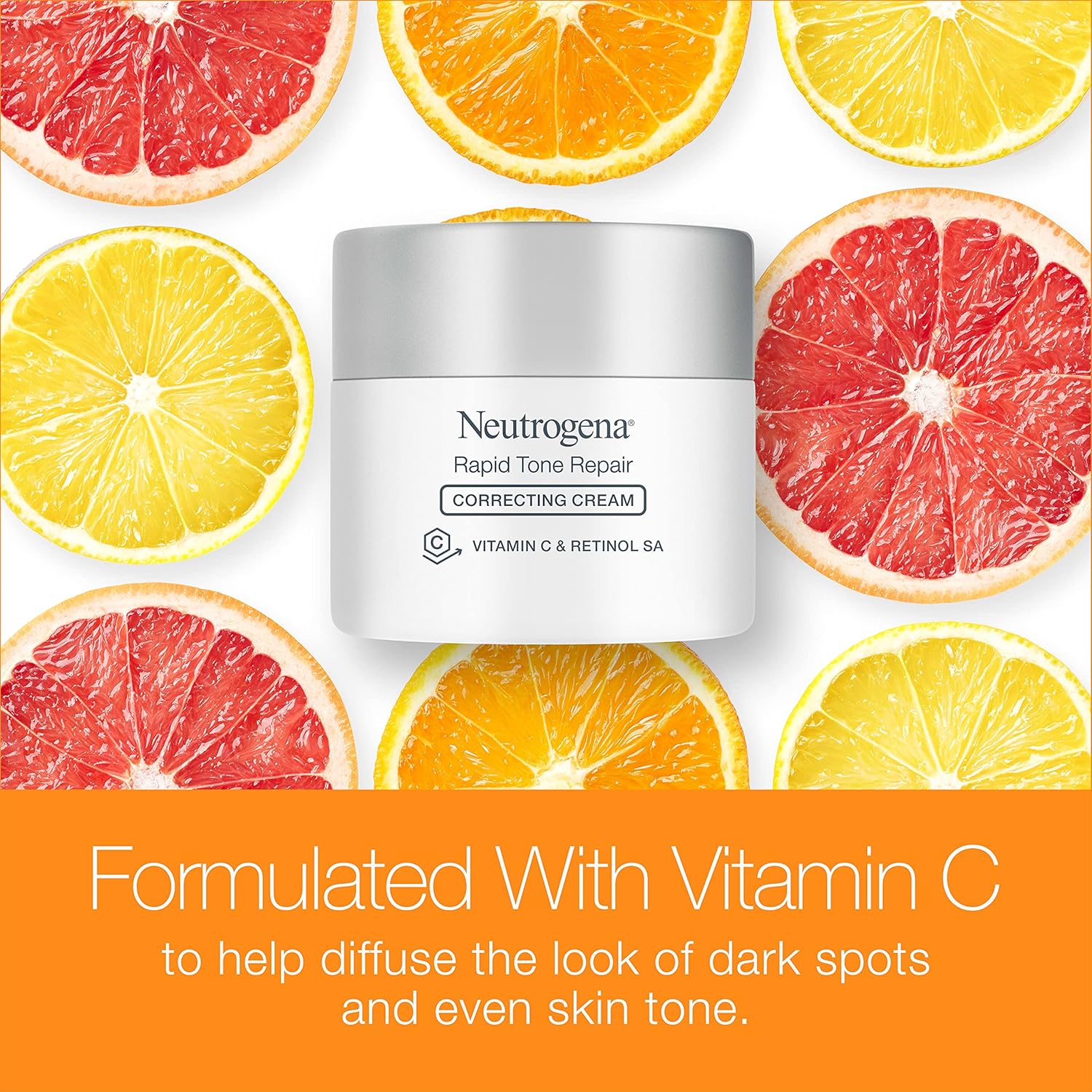 Neutrogena Rapid Tone Repair moisturizer with retinol and vitamin C for dark spot correction, featuring a sleek white tube with blue accents.